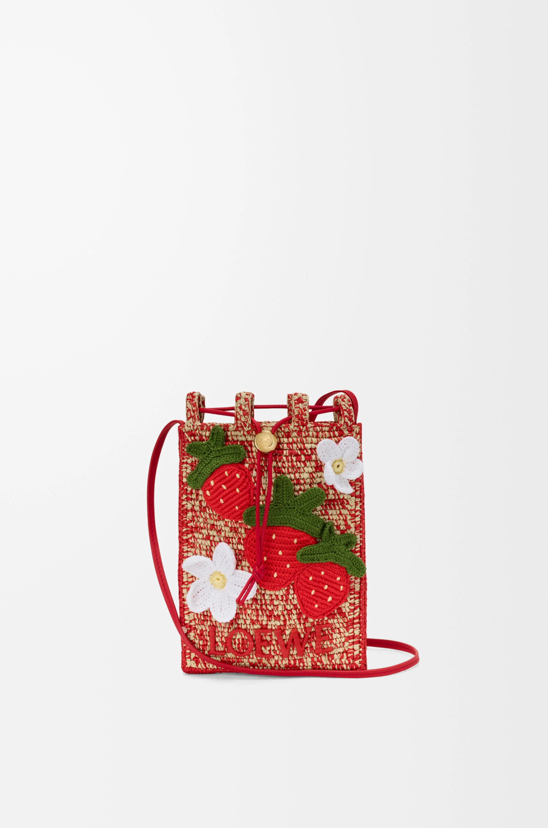 Strawberry drawstring pocket in classic calfskin and raffia - 1
