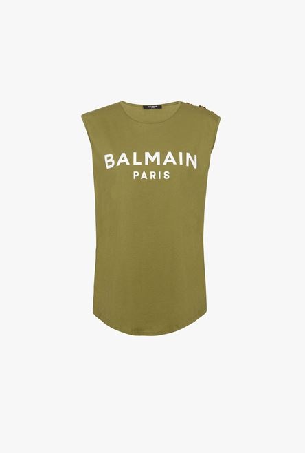 Khaki eco-designed cotton T-shirt with white Balmain logo print - 1