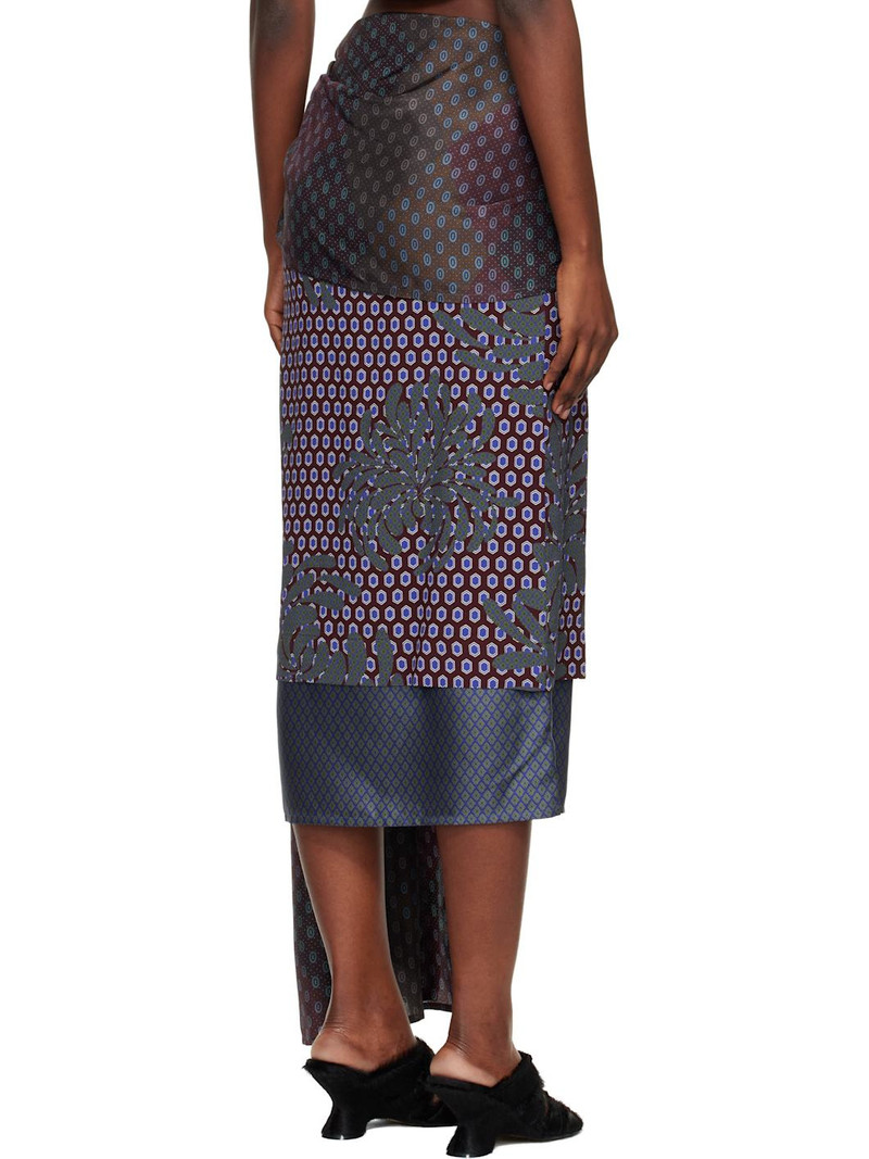 Burgundy & Green Layered Tie Motif Midi Skirt 3