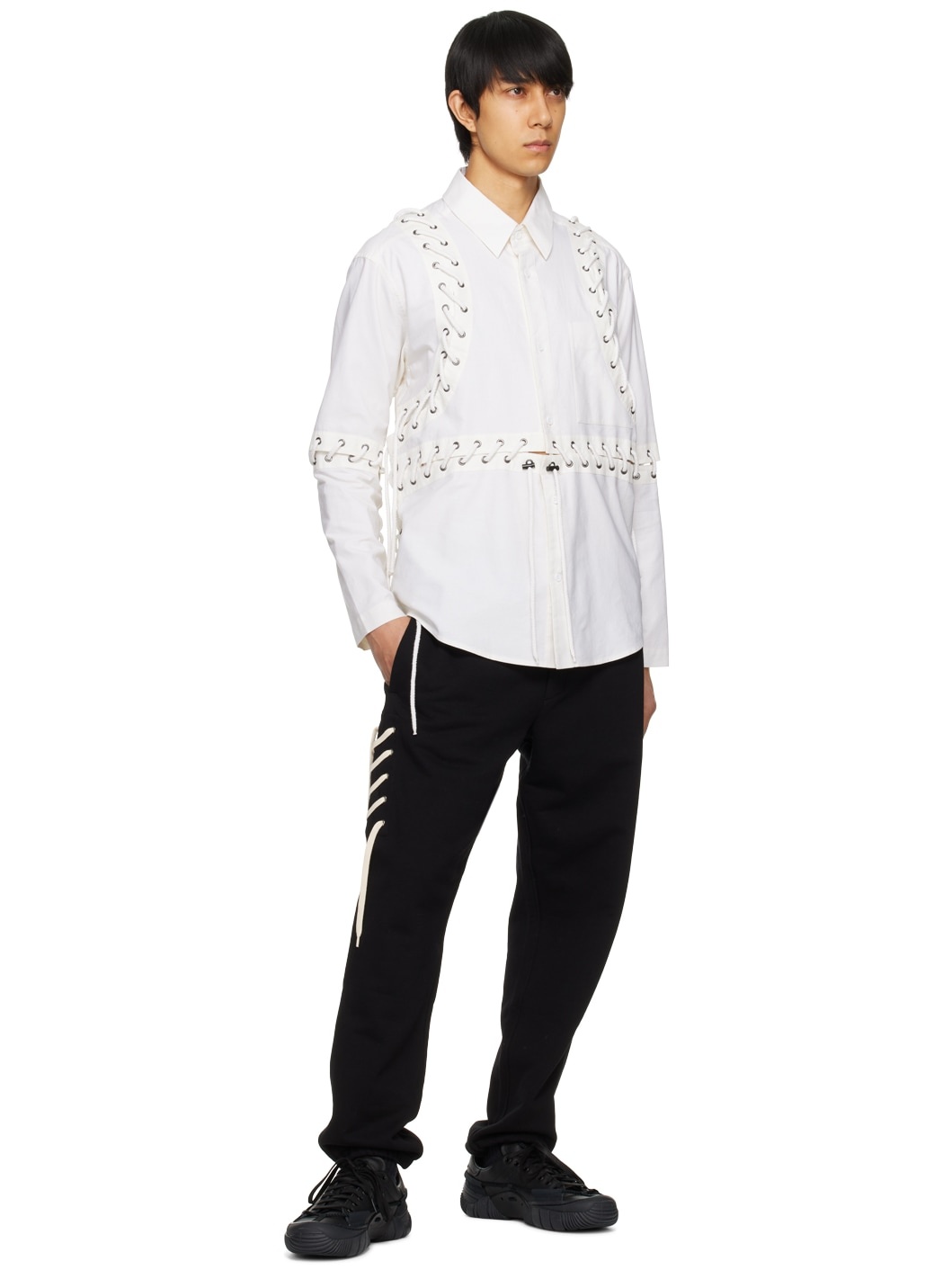 White Deconstructed Laced Shirt - 4