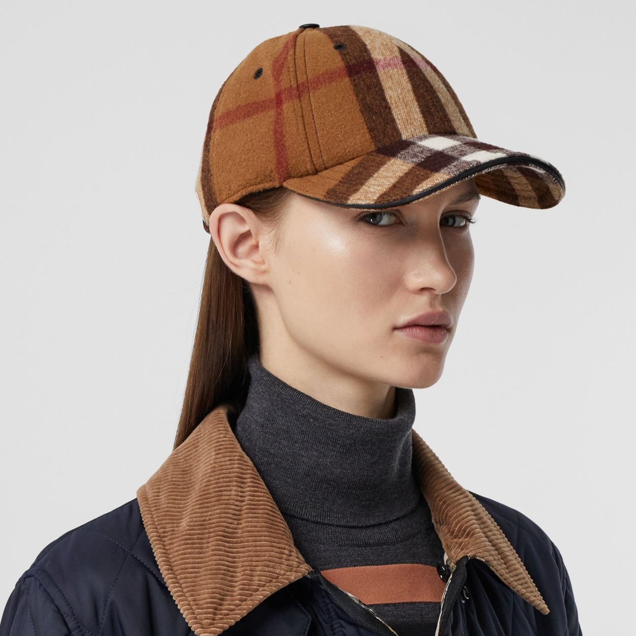 Lambskin Trim Check Wool Baseball Cap - 3