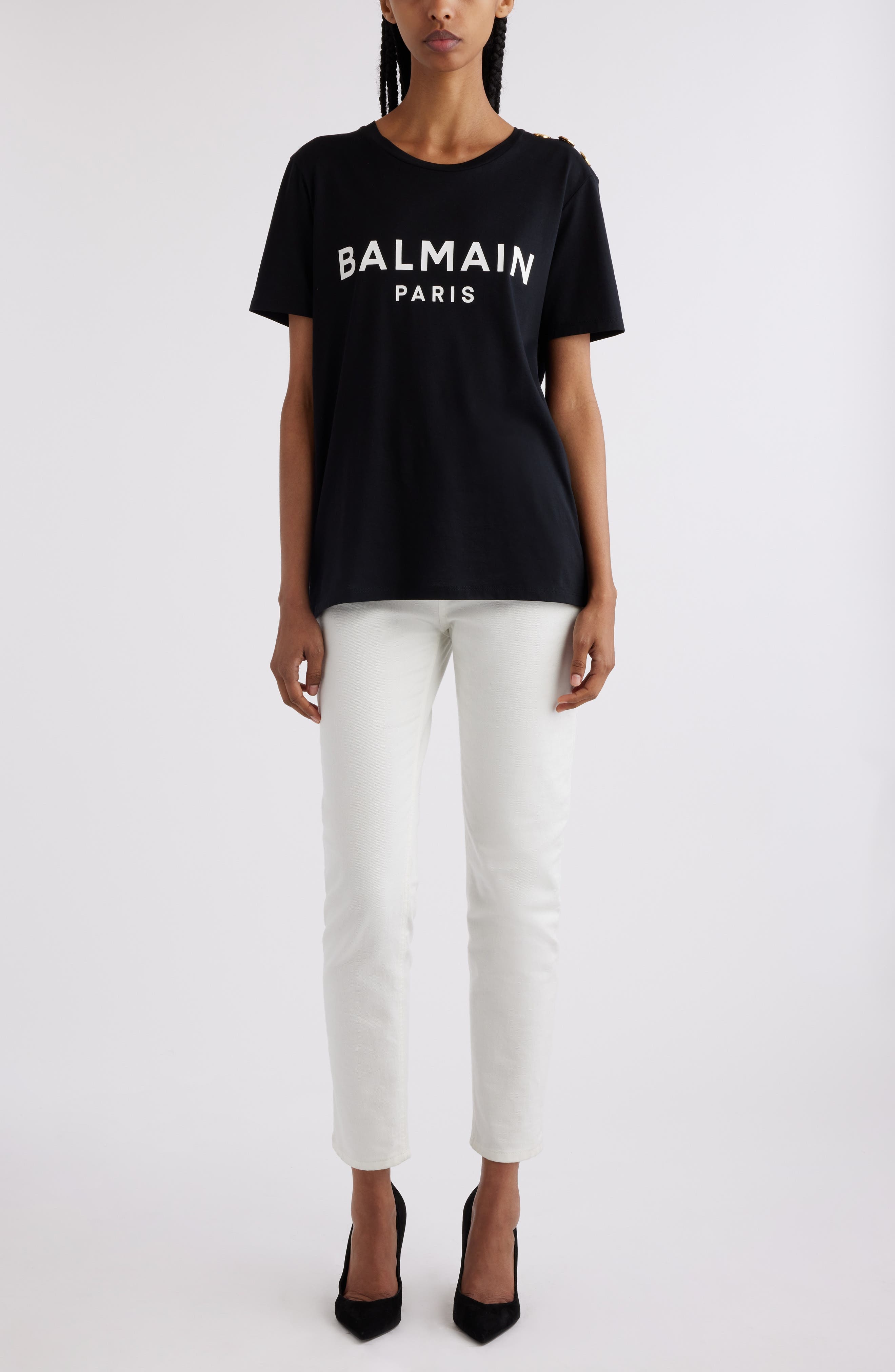 Balmain Button Shoulder Cotton Logo Graphic T-Shirt in Eab Black/White at Nordstrom - 2