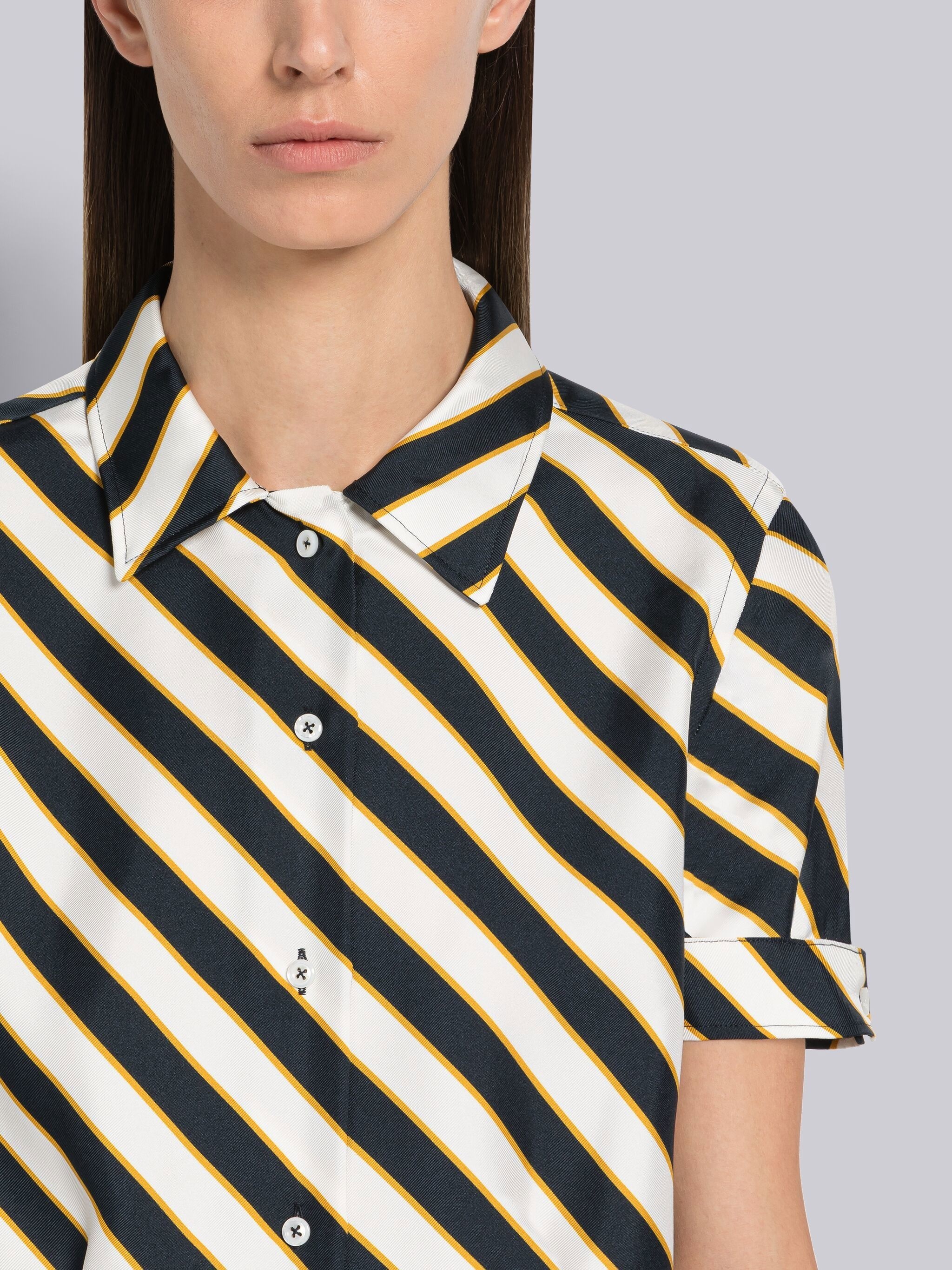 Awning Stripe Silk Twill Short Sleeve Tucked Blouse - 5