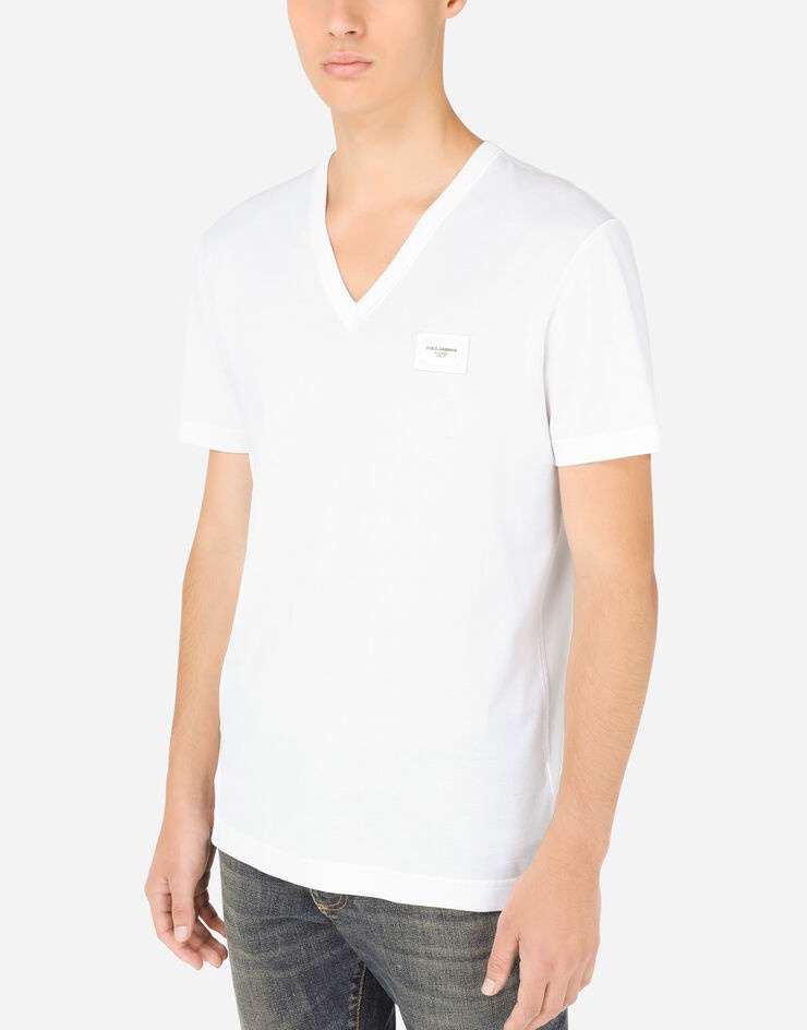 Cotton v-neck t-shirt with branded plate - 4