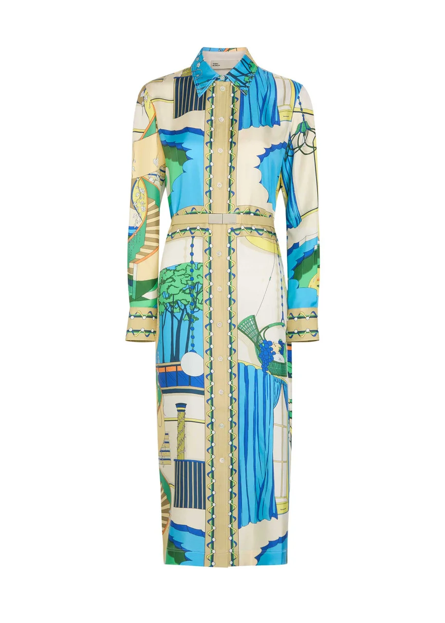 Tory Burch Printed Silk Midi Shirt Dress - 1