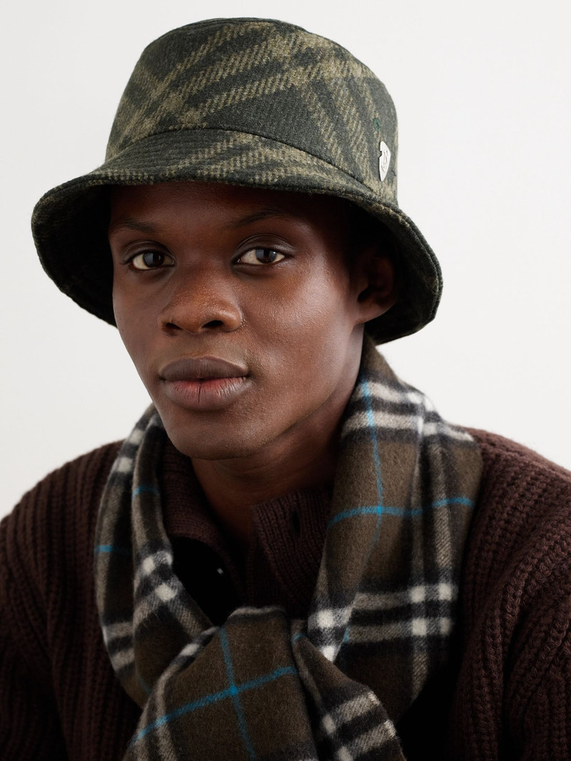Burberry Logo-Appliquéd Checked Brushed-Wool Bucket Hat Green outlook