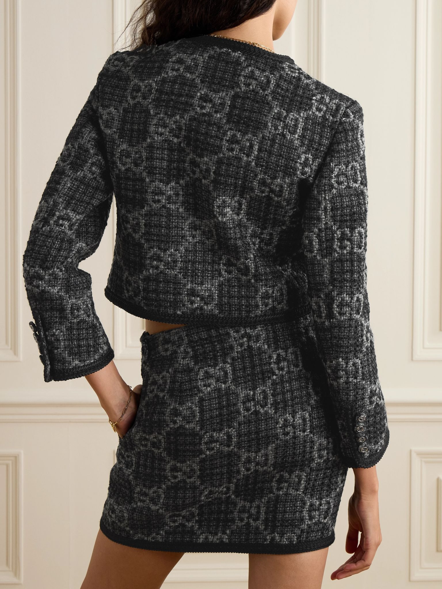 Wool and cotton-blend tweed cropped jacket Dark gray - 3