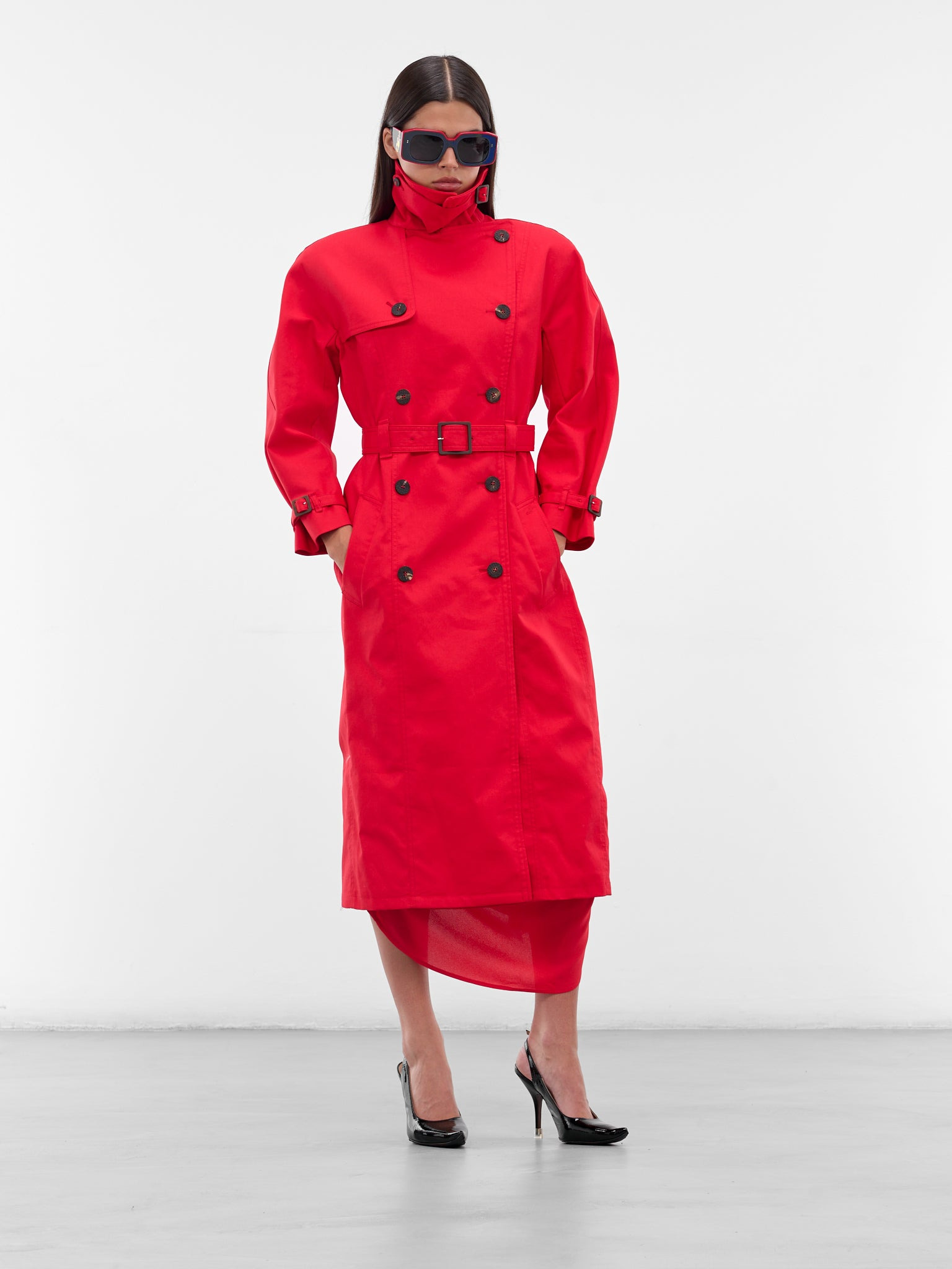 Red Slim Gabardine Trench Coat - 6