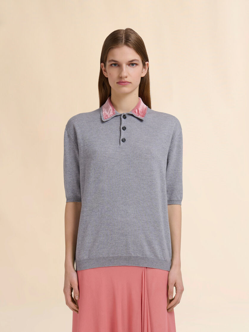 GRAY WOOL POLO SHIRT WITH VELVET COLLAR - 2