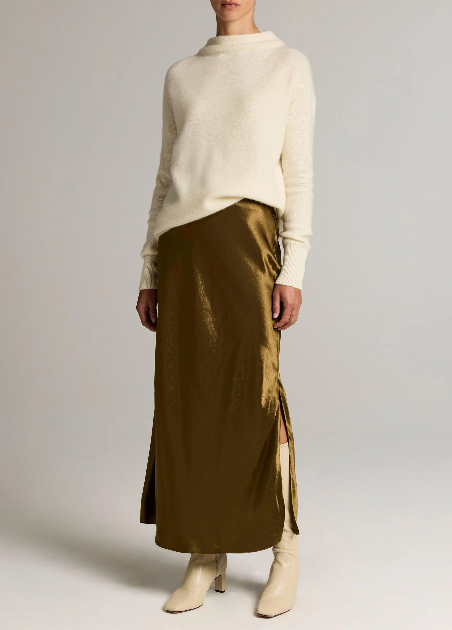 Satin Side-Slit Slip Skirt - 1