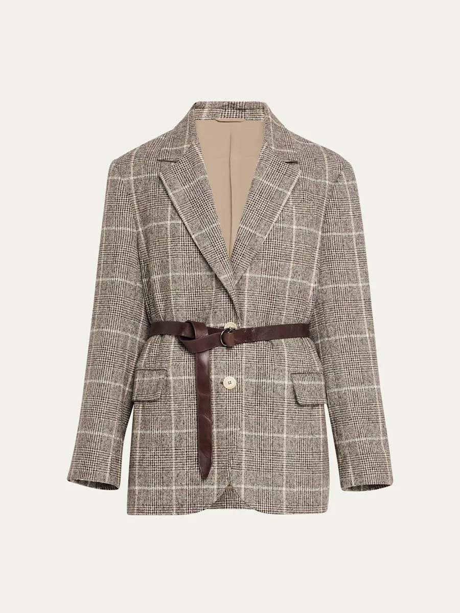 Belted Wool Alpaca Check Blazer - 1