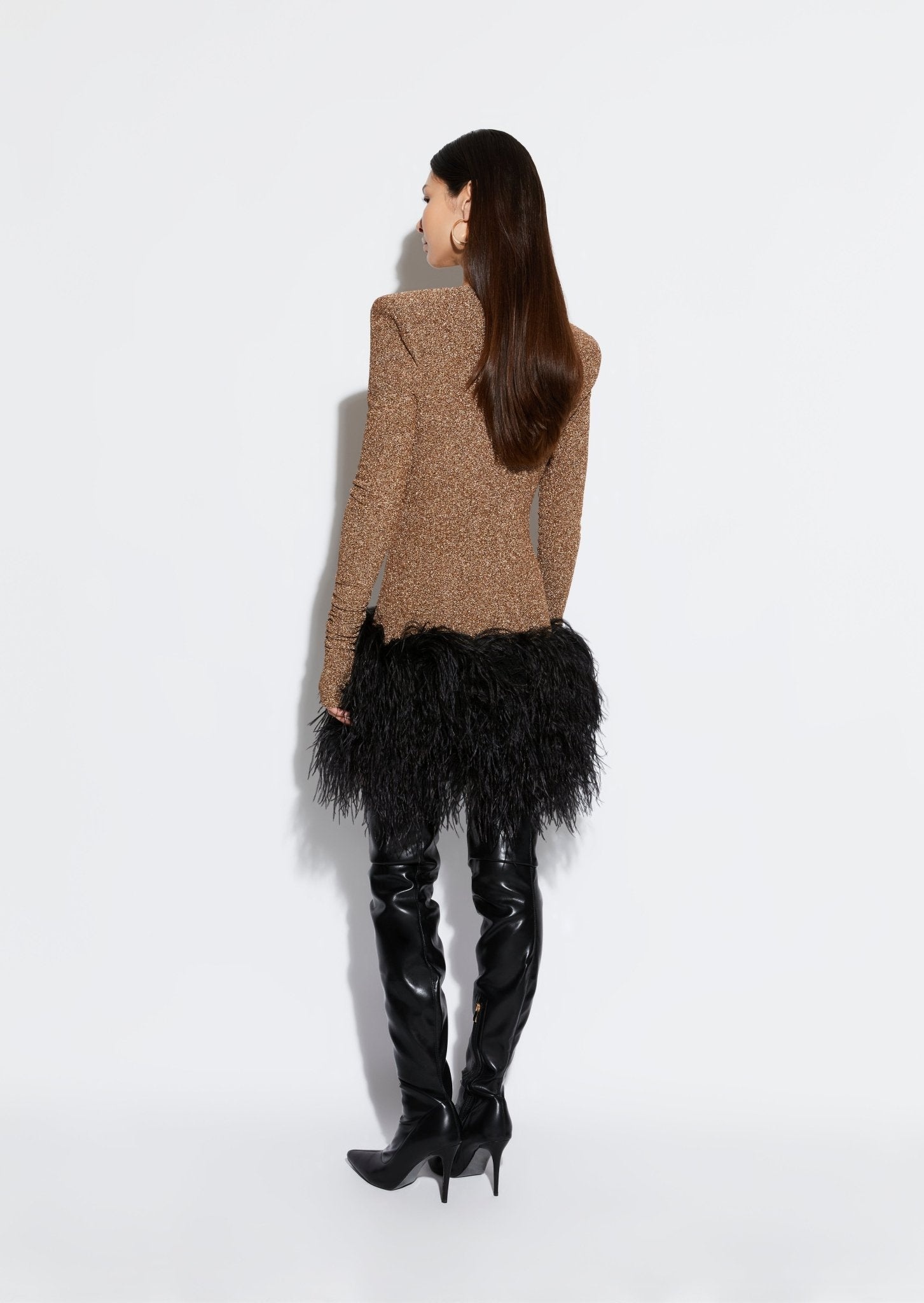 Metallic Jersey Deep V Dress With Feathers - 2