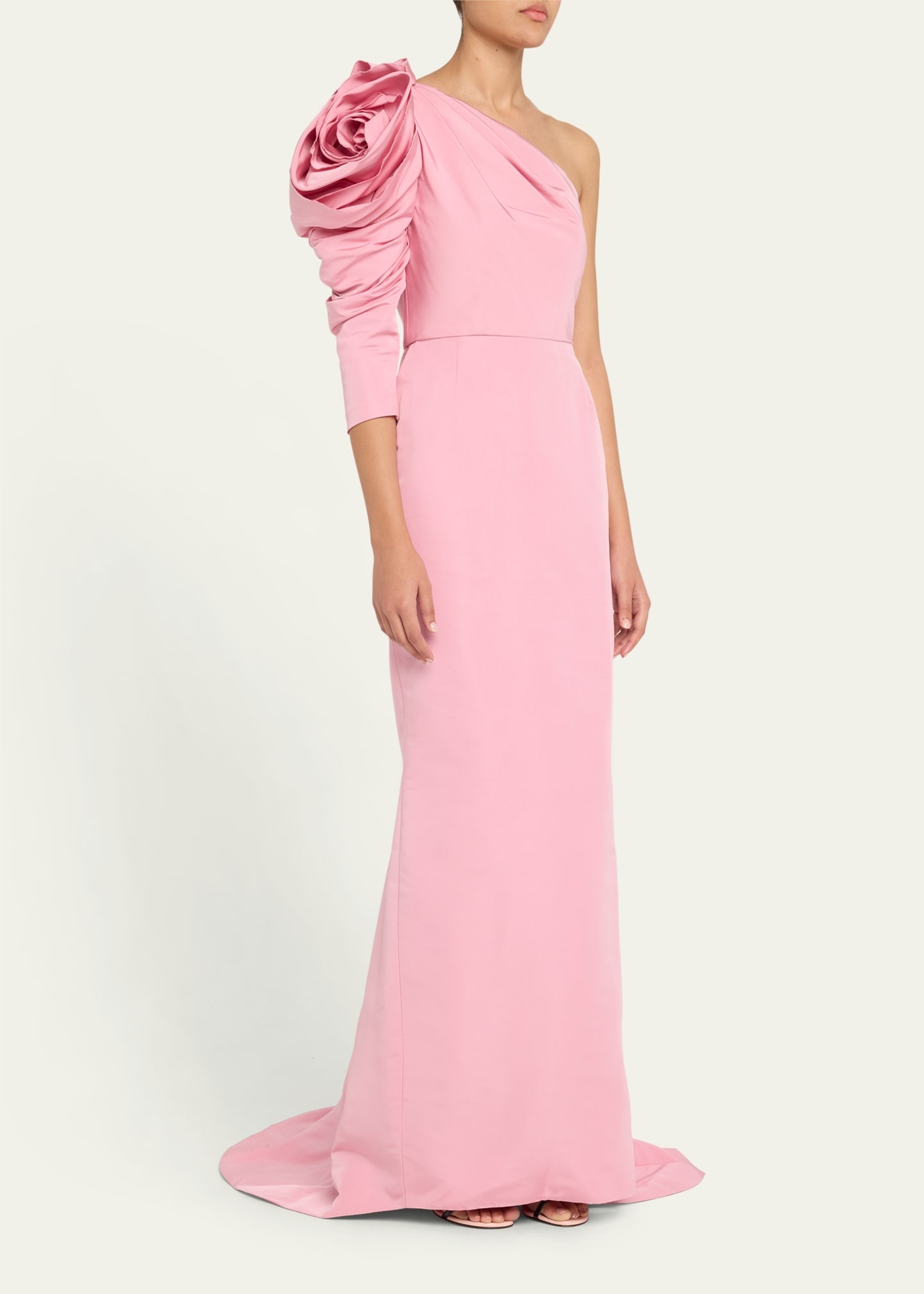 One-Shoulder 3D Floral Silk Faille Trumpet Gown - 4
