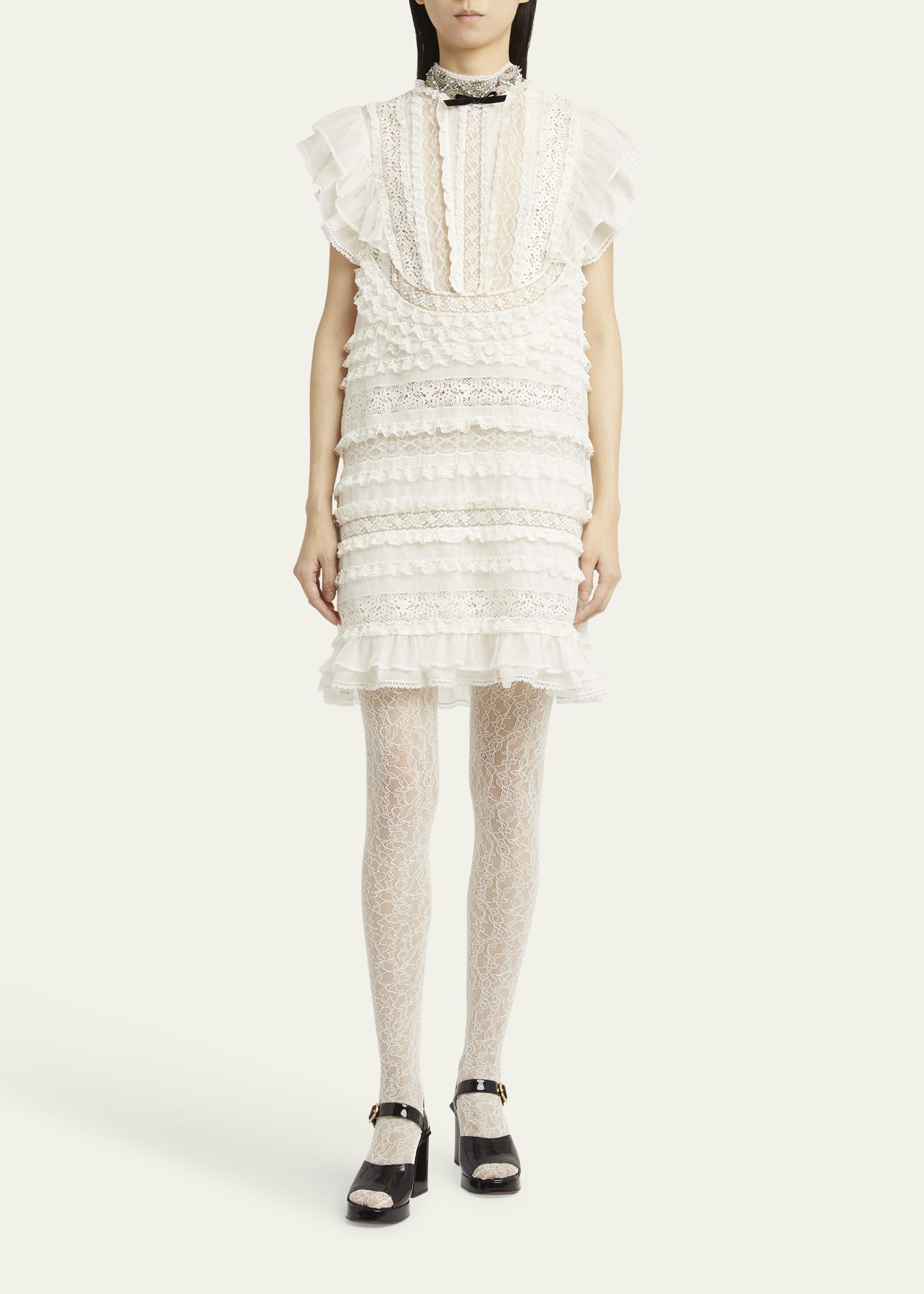Crystal Neckline Ruffle Bow Linen Dress - 2