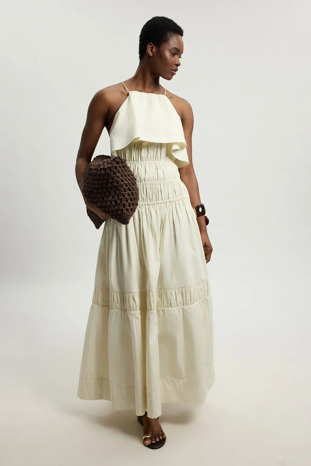 Ruffle Front Cotton Poplin Halterneck Midi Dress - 1