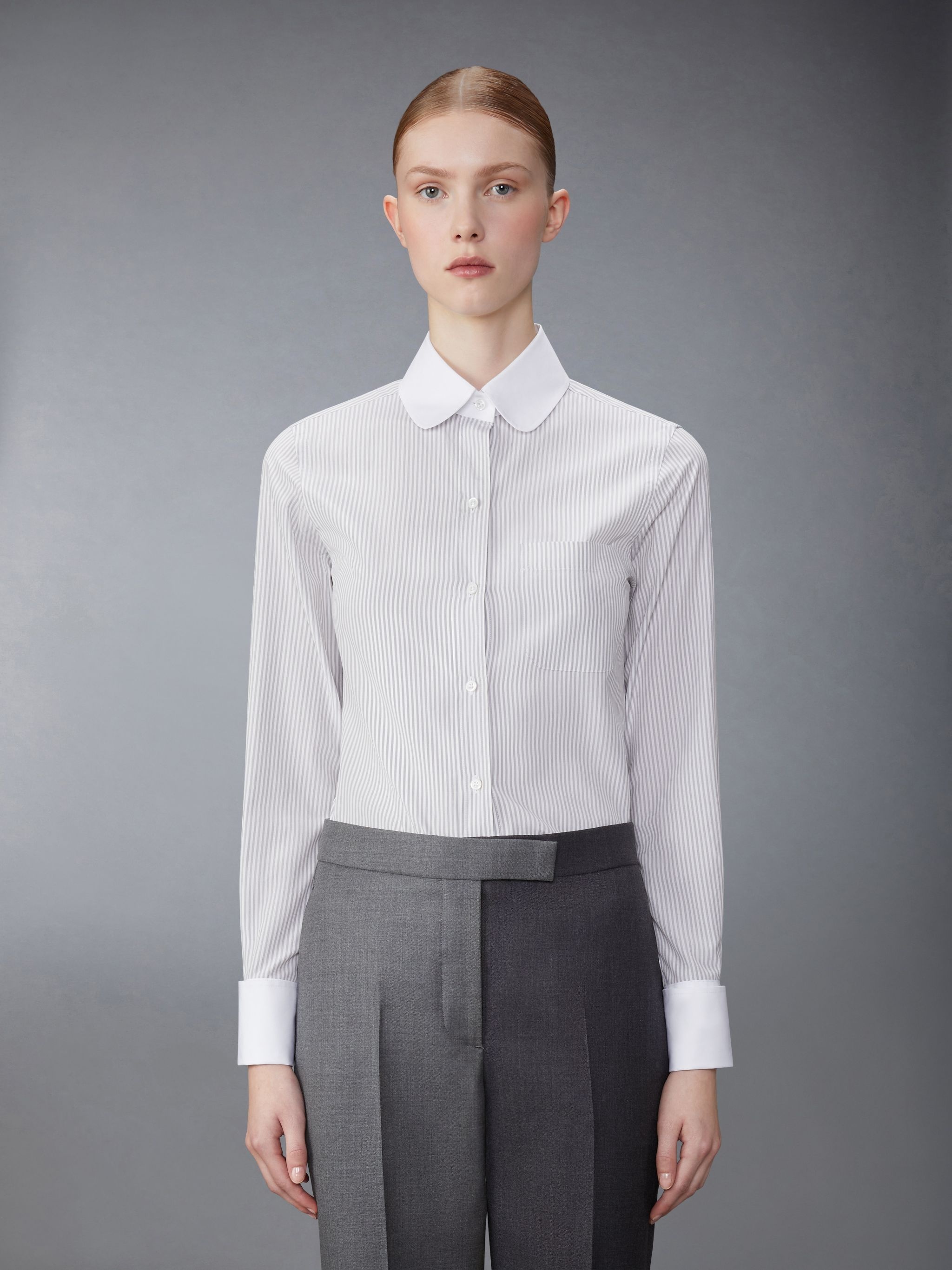University Stripe Cotton Silk Round Collar Shirt - 1