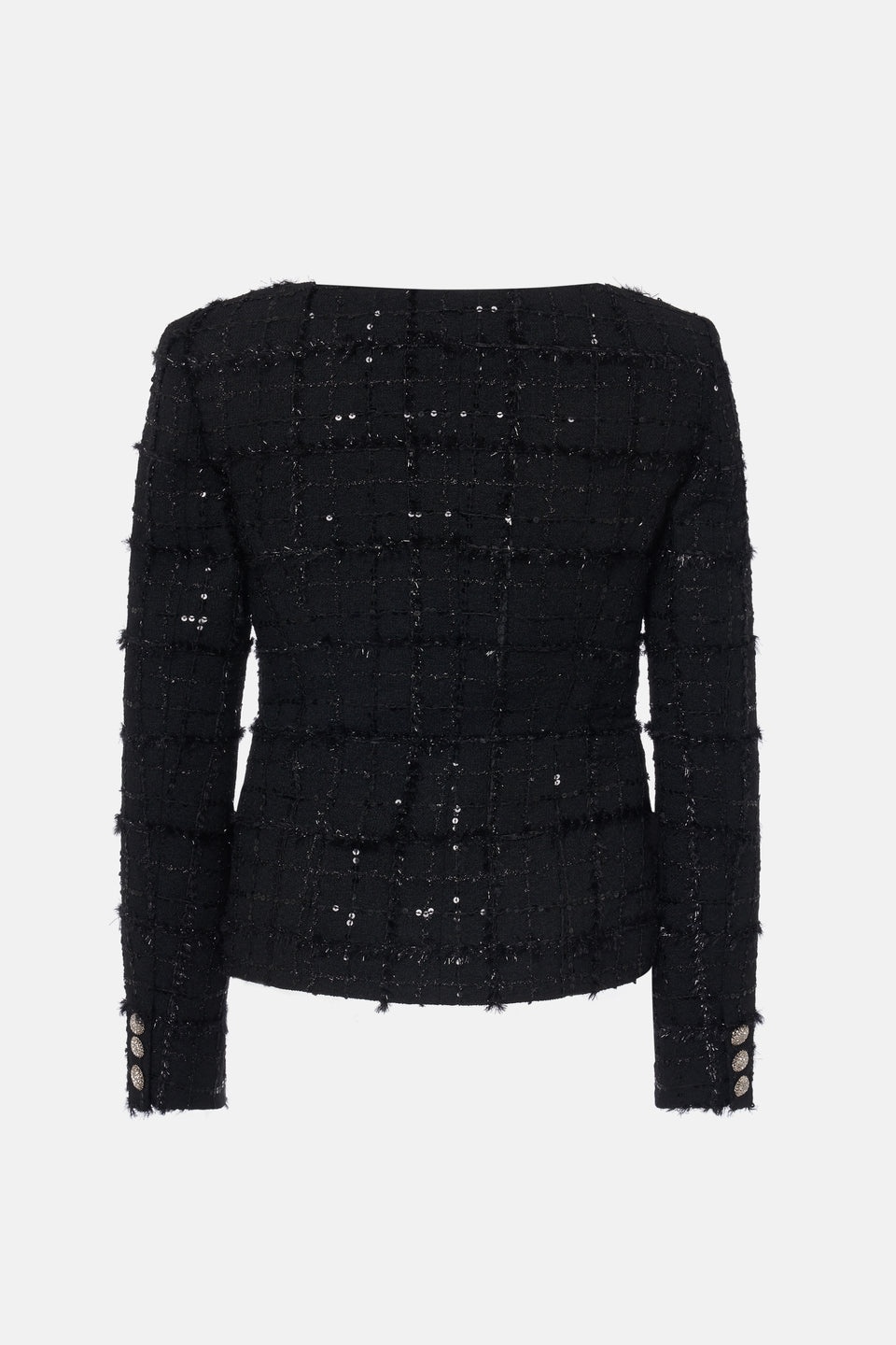 SEQUIN CHECKED TWEED ROUND NECK JACKET - 2