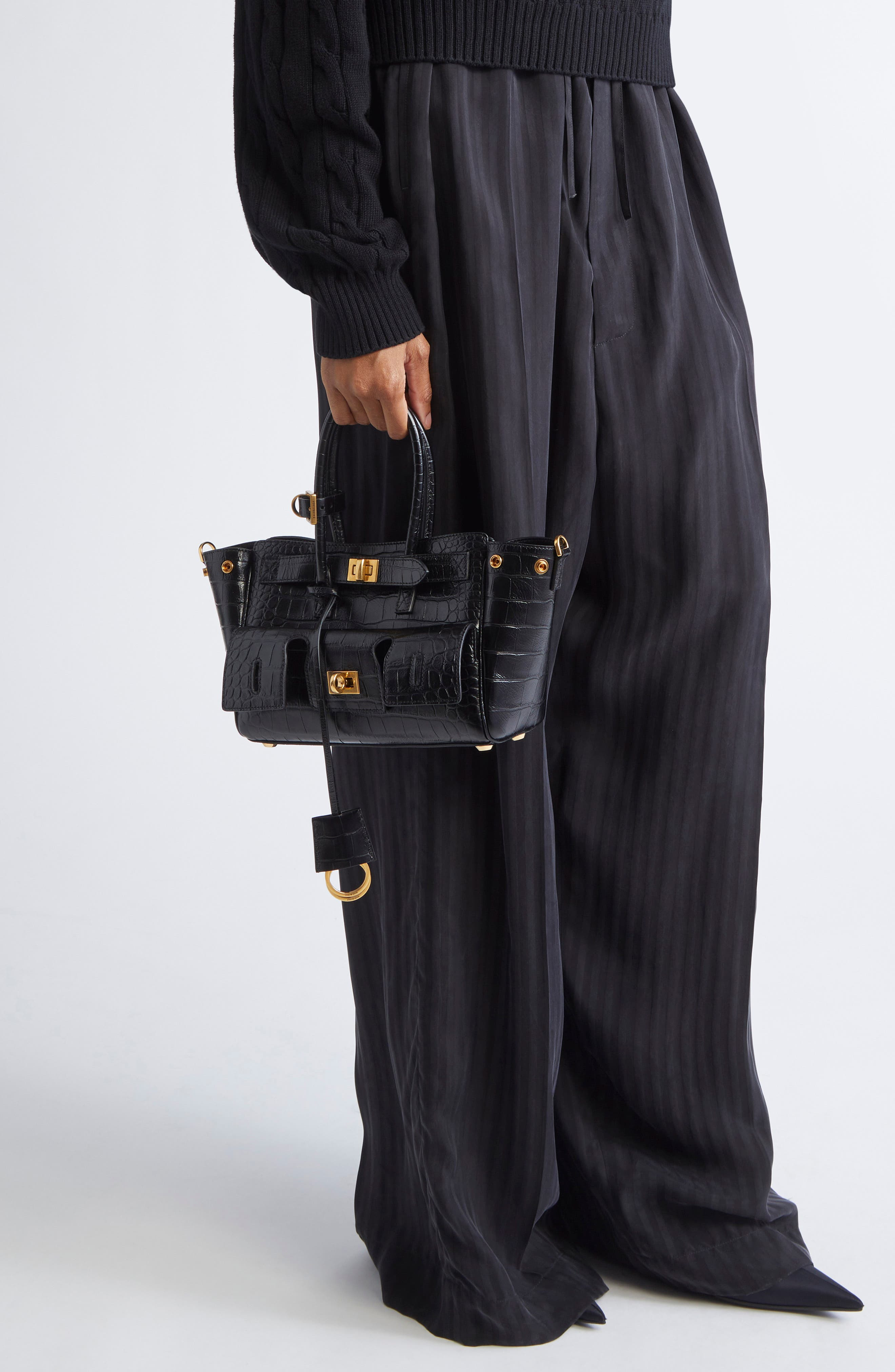 Balenciaga Mini Bel Air Croc Embossed Leather Carry All Tote in Black at Nordstrom - 3