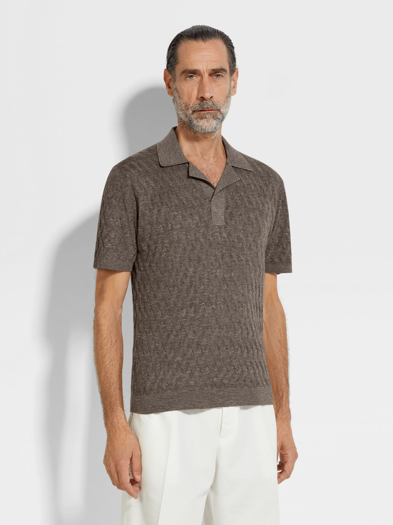 DARK TAUPE MÉLANGE SILK CASHMERE AND LINEN POLO SHIRT 4