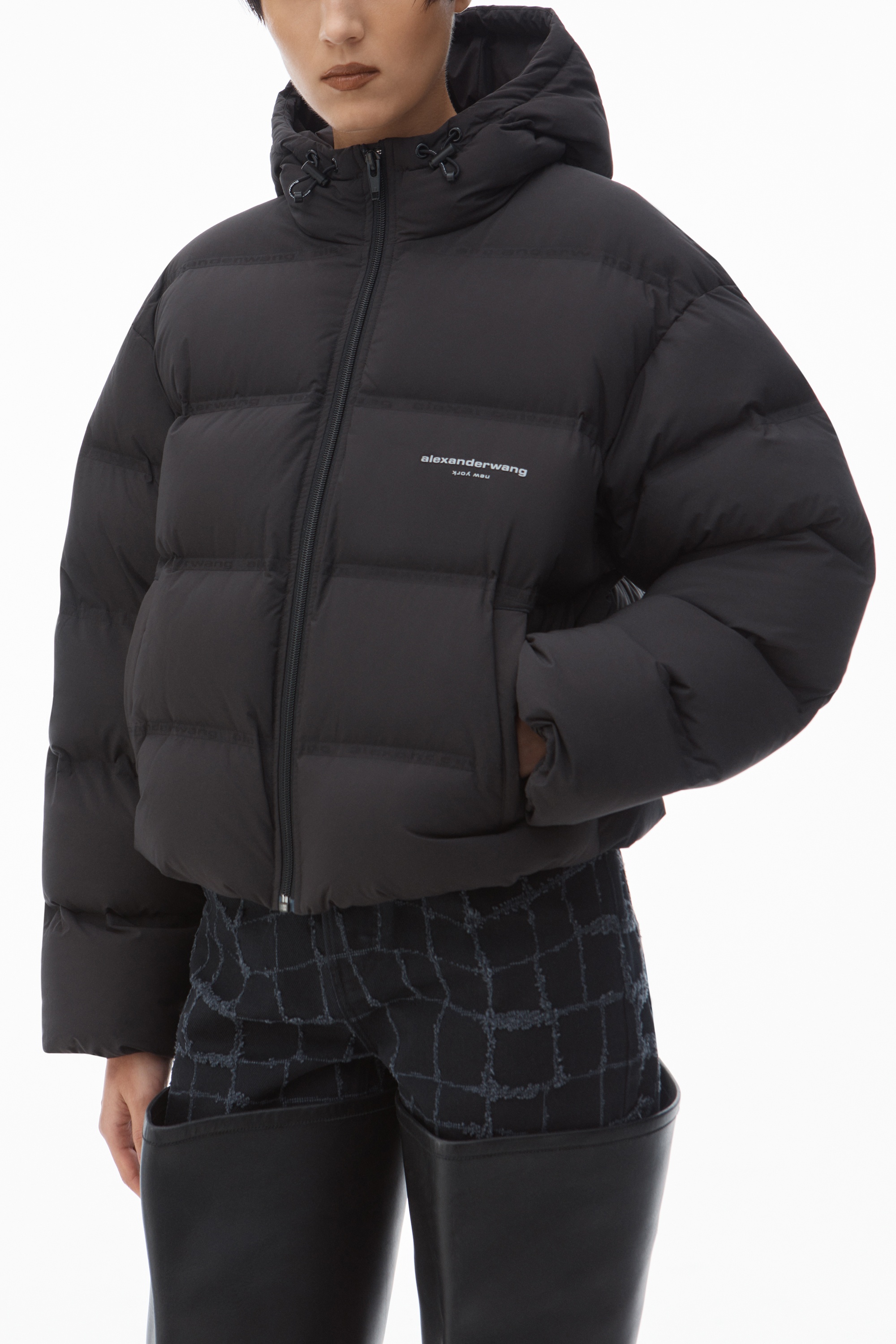 cropped channel hoodie in feather & down - 3