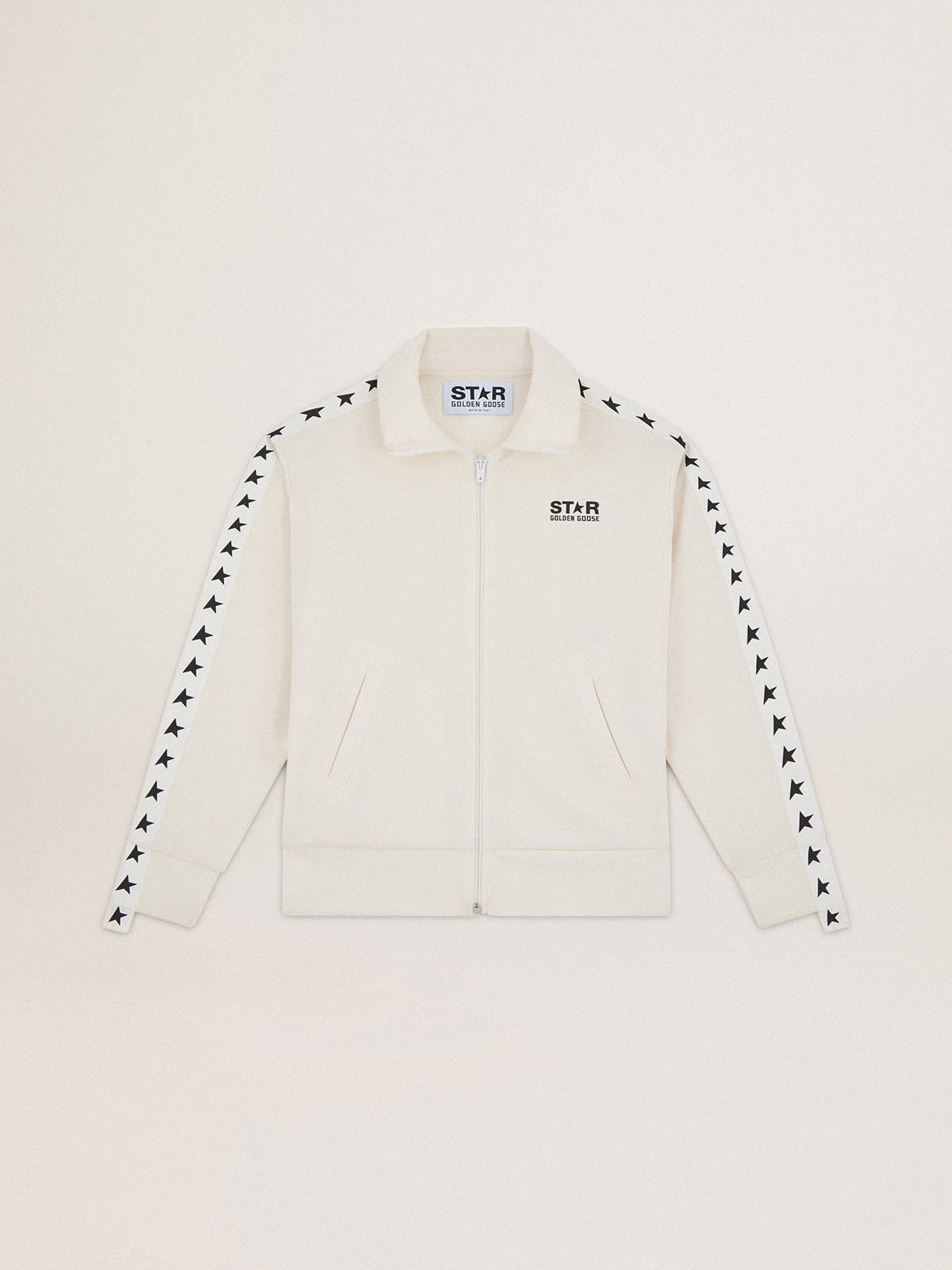 Women’s white zipped sweatshirt with white strip and black stars - 1