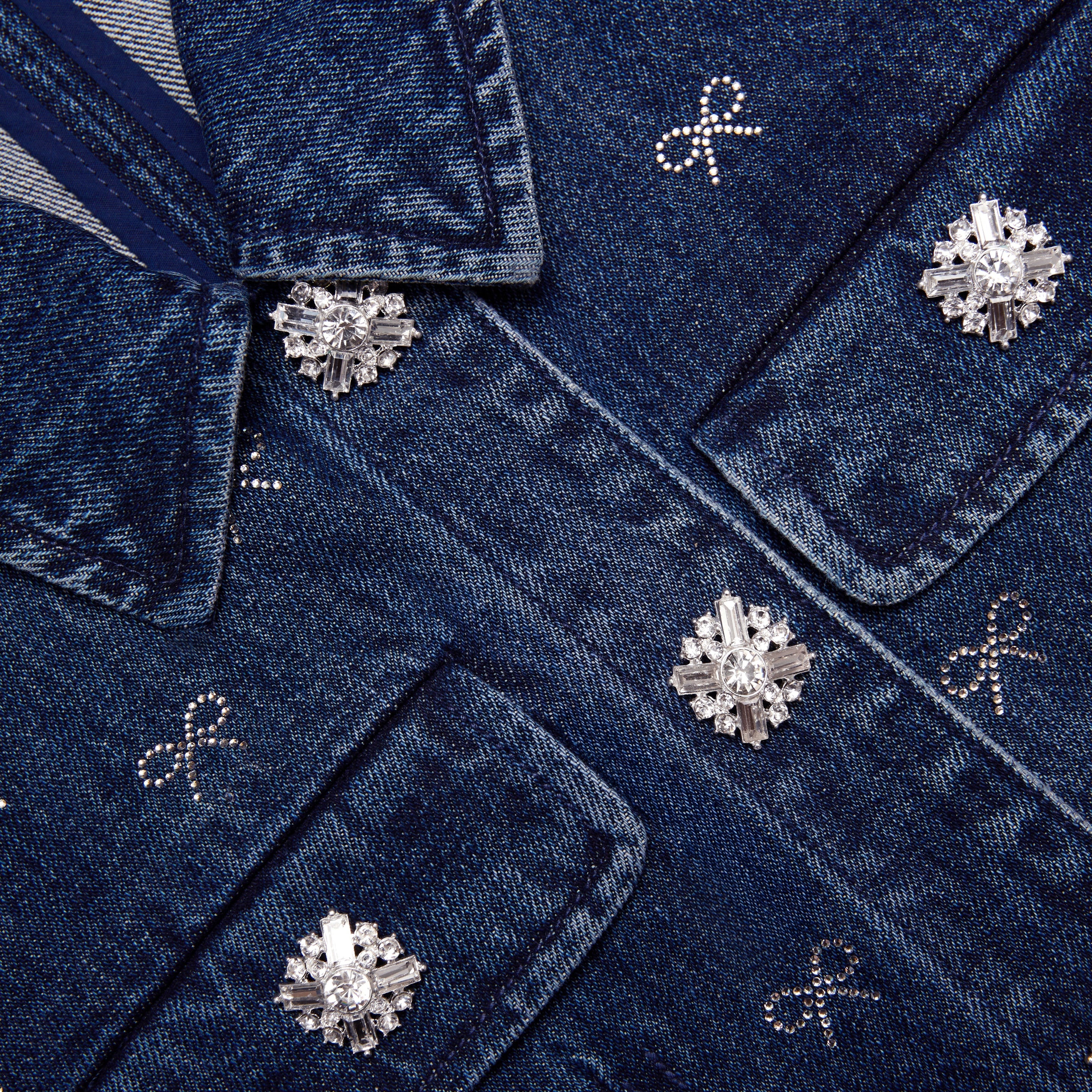 Denim Diamante Bow Collared Mini Dress - 6