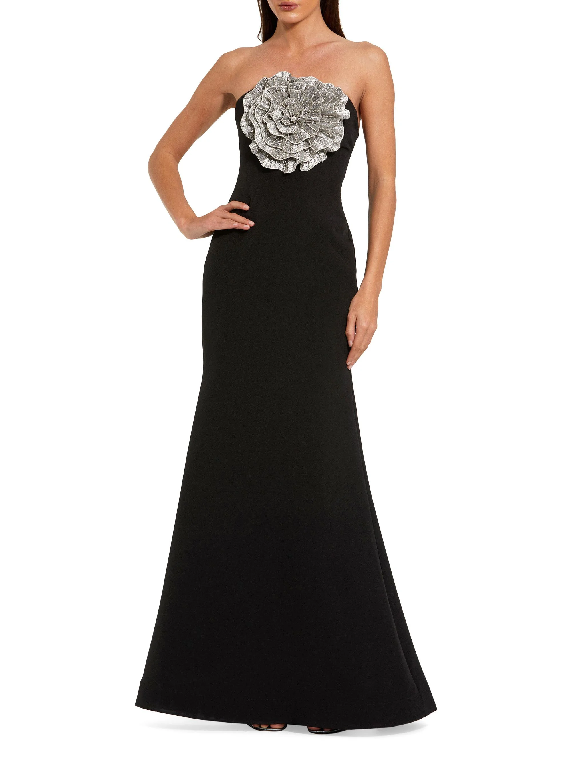 Women's Crêpe 3D Rhinestone Flower Strapless Gown - Black - 1