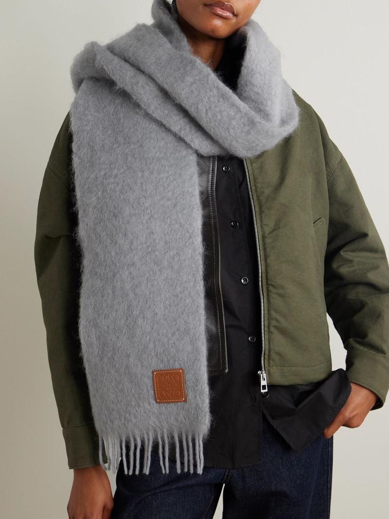 Loewe Fringed appliquéd leather-trimmed brushed mohair-blend scarf Light gray outlook