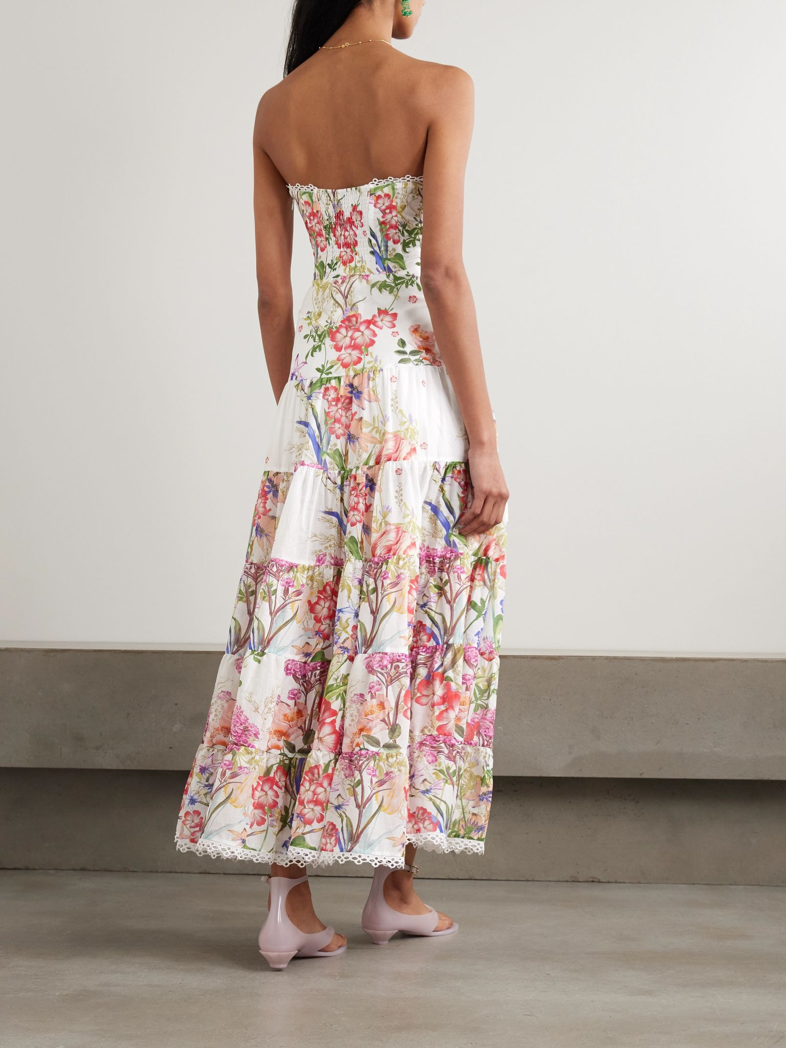 Danny strapless tiered floral-print cotton-blend voile maxi dress White - 3