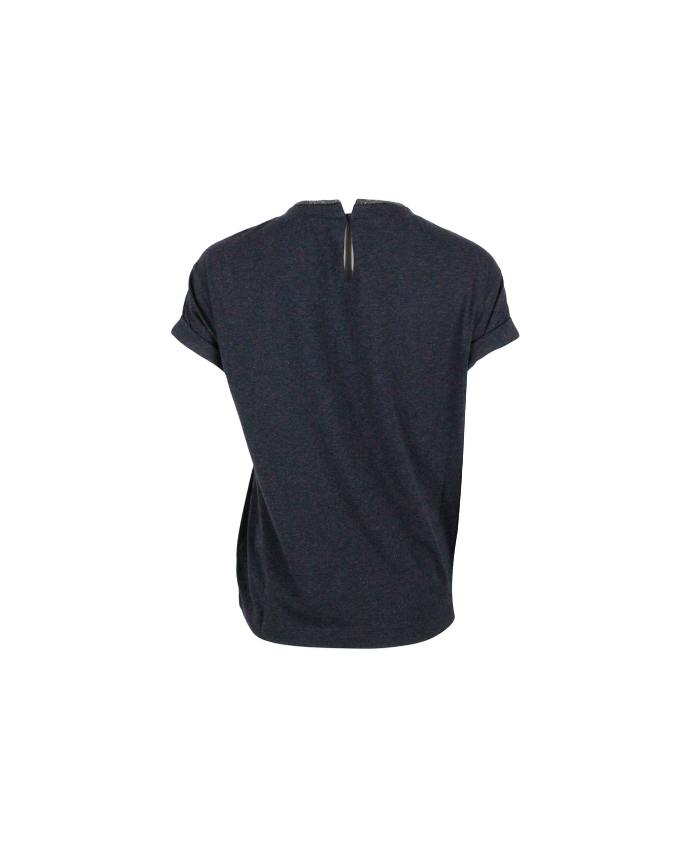 Short-sleeved T-shirt In Elasticized Stretch Cotton With A Crew Neck Edged With Jewels - 3