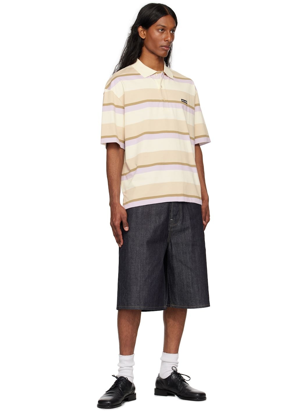 Beige & Off-White Striped SS Oversize Polo - 4
