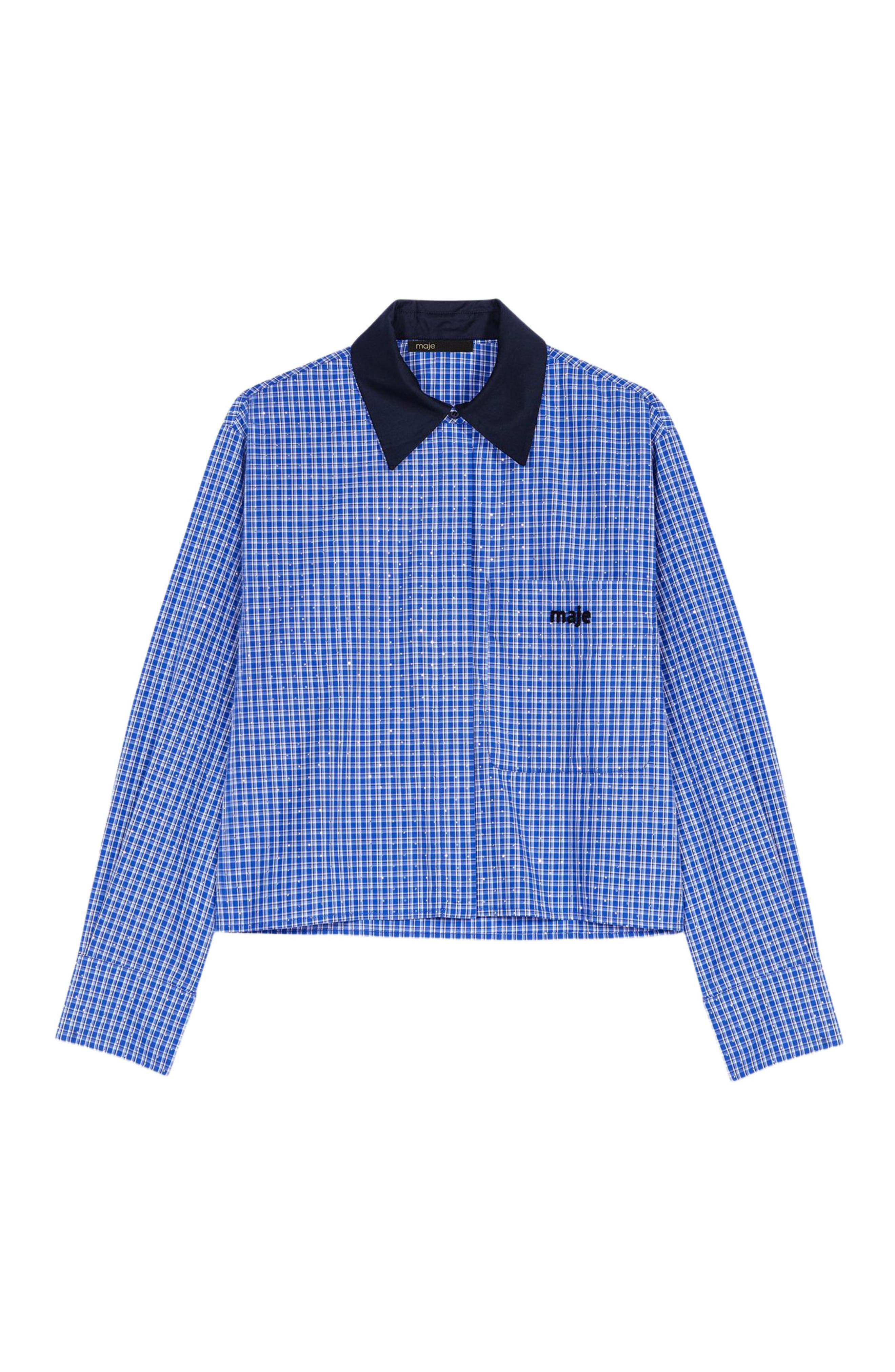 maje Removable collar rhinestone shirt in Blue Rhinestoned Tiles Print at Nordstrom - 8
