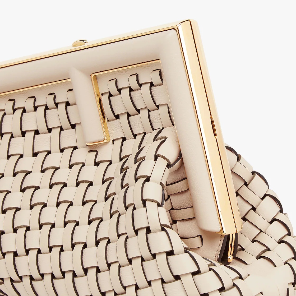 Small Fendi First bag made of finely braided beige leather, with oversized metal F clasp bound in to - 5