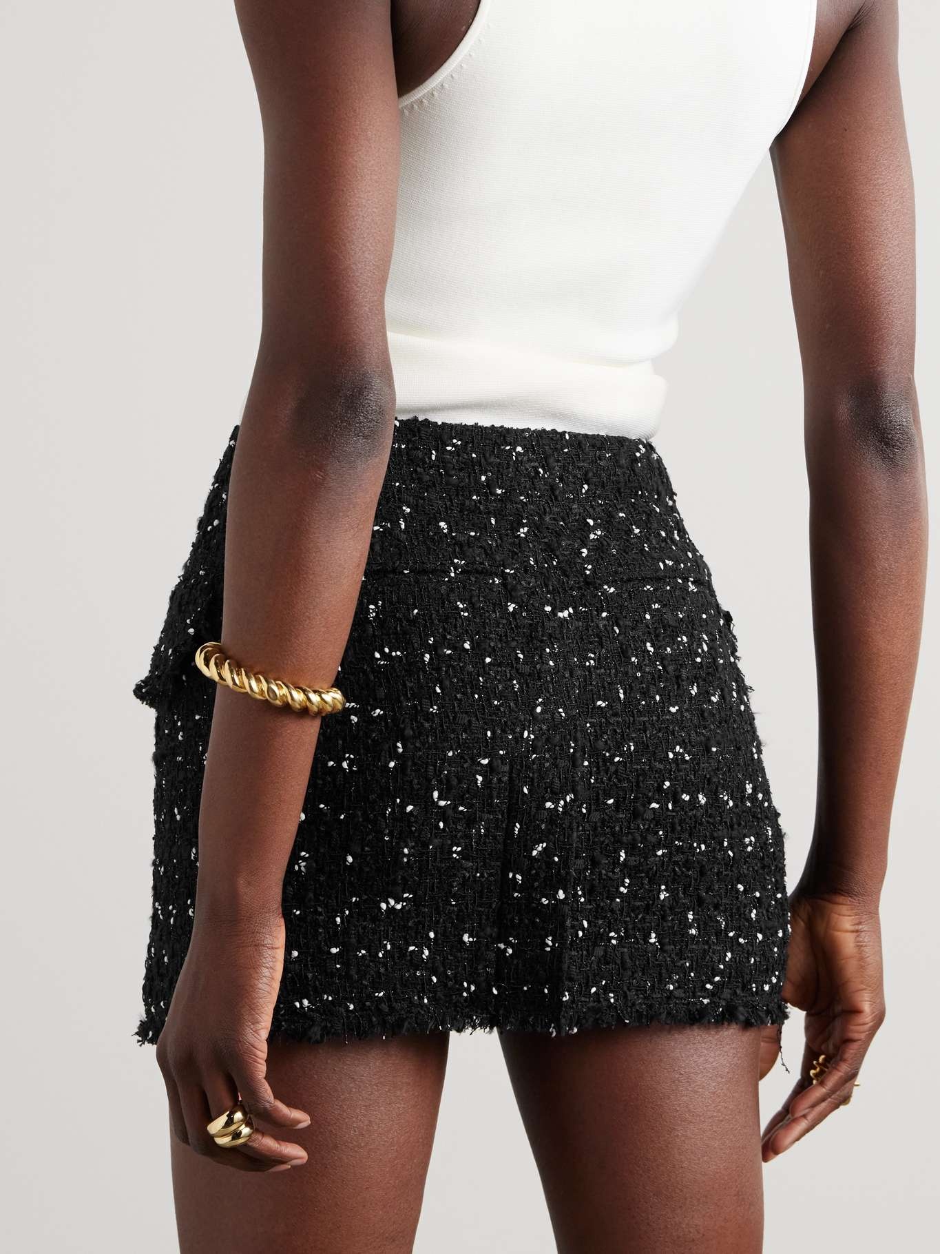 Wrap-effect sequin-embellished frayed tweed mini skirt Black - 4