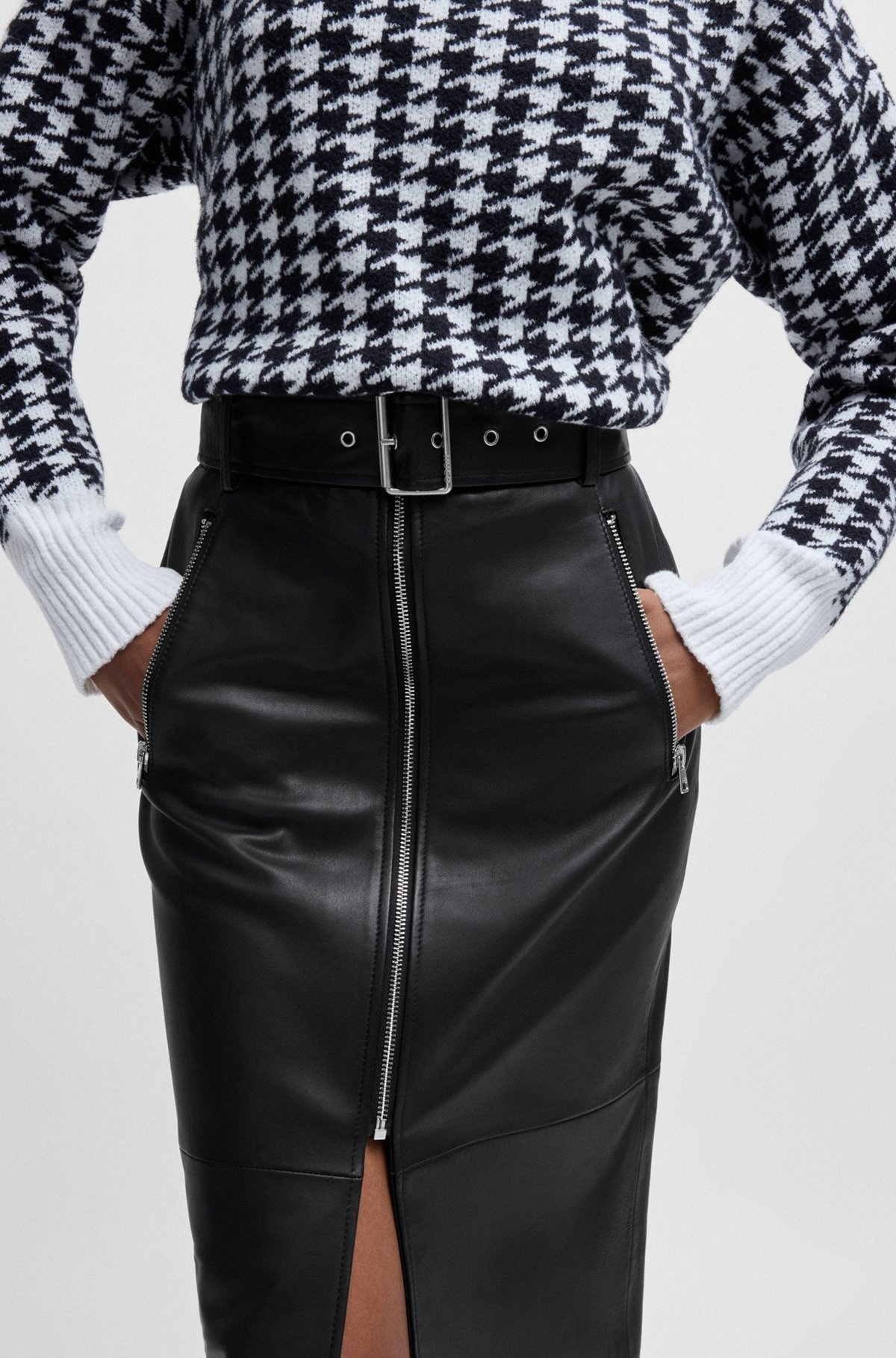 LEATHER MIDI SKIRT WITH ZIPS AND BELT - 5