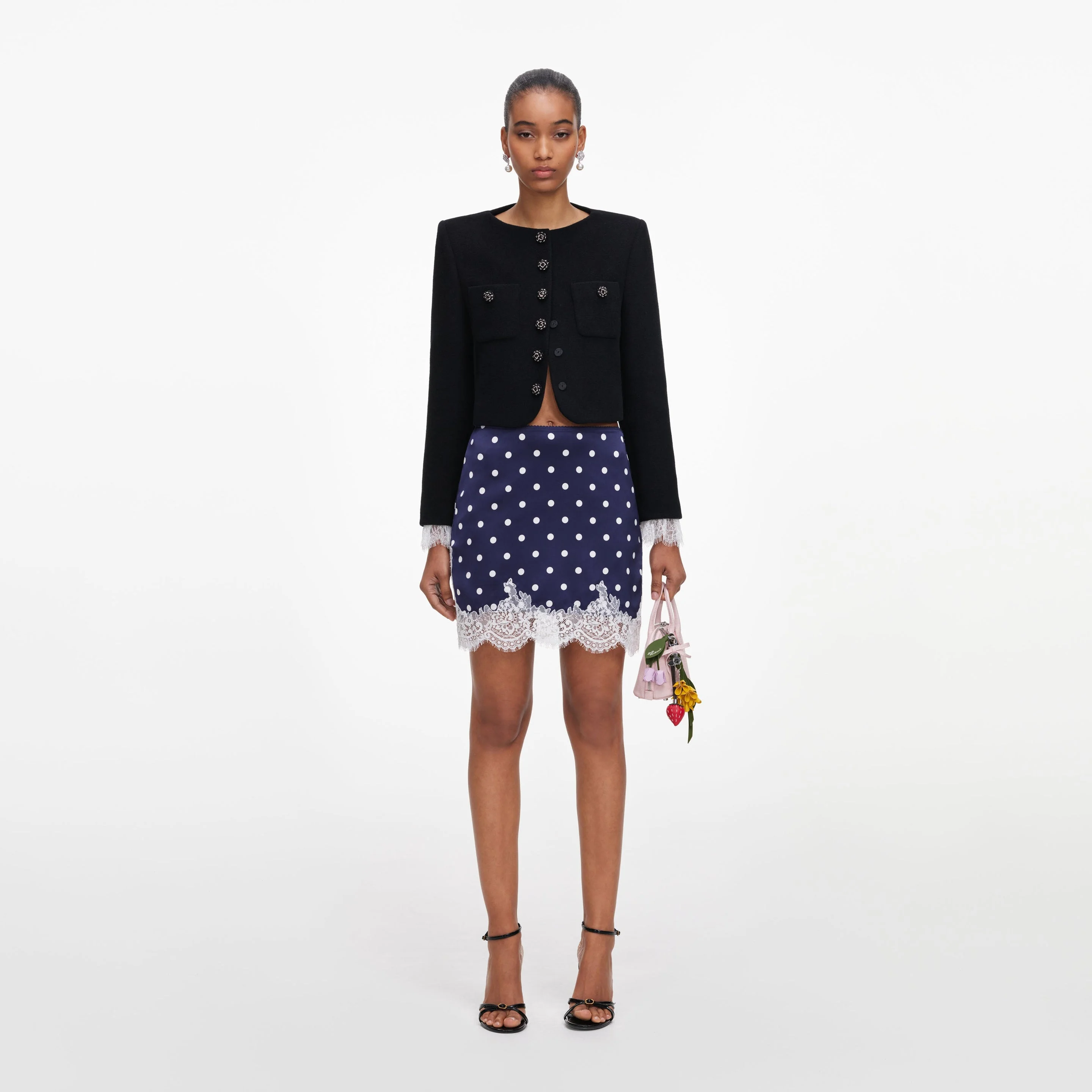Navy Polka Dot Satin Mini Skirt - 1