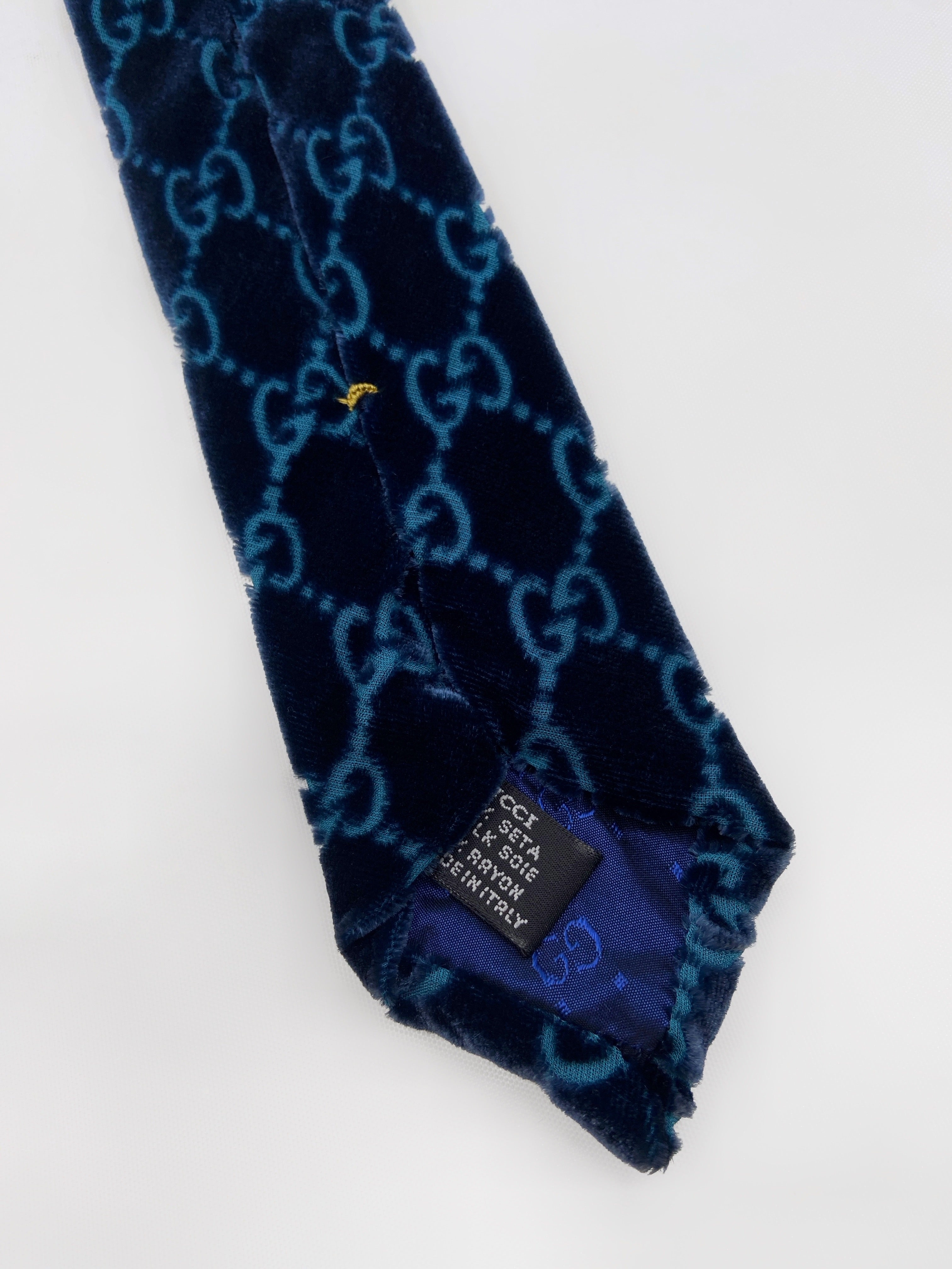 Gucci Fall 1997 Tom Ford Turquoise Monogrammed Velvet Silk Tie - 10