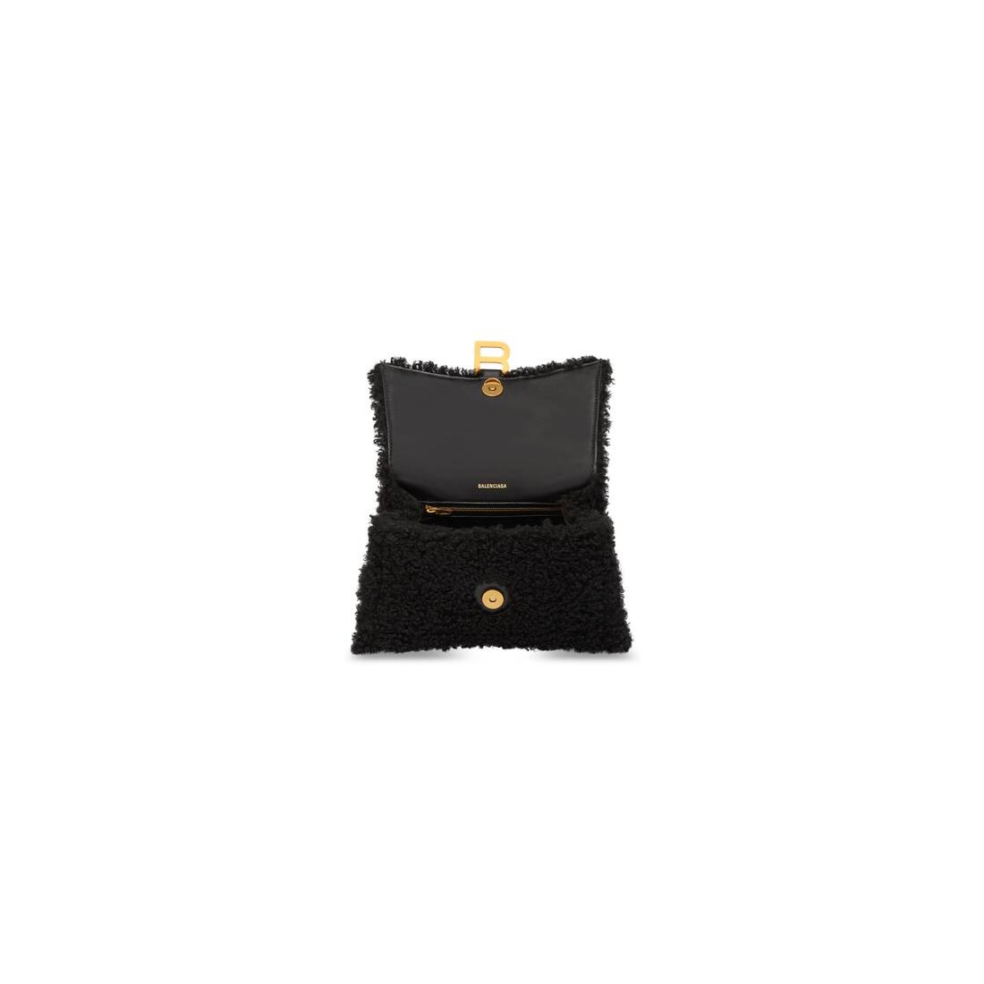 Women's Furry Hourglass Small Handbag With Strap in Black - 8