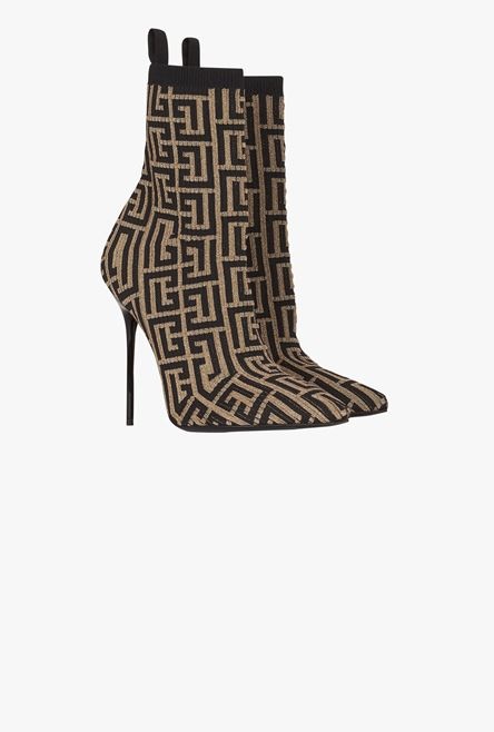 Bicolor shiny stretch knit Skye ankle boots with gold and black Balmain monogram - 2