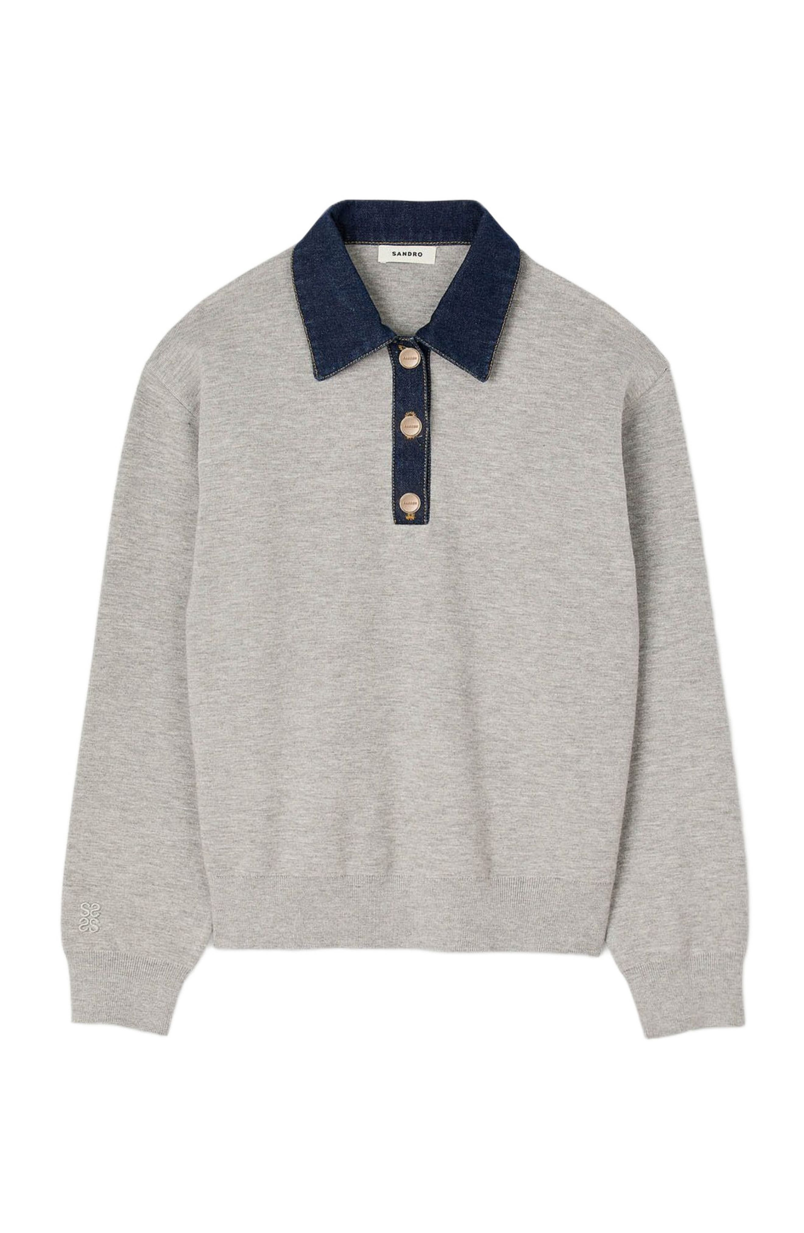 SANDRO Sweater with denim collar in Grey at Nordstrom - 6