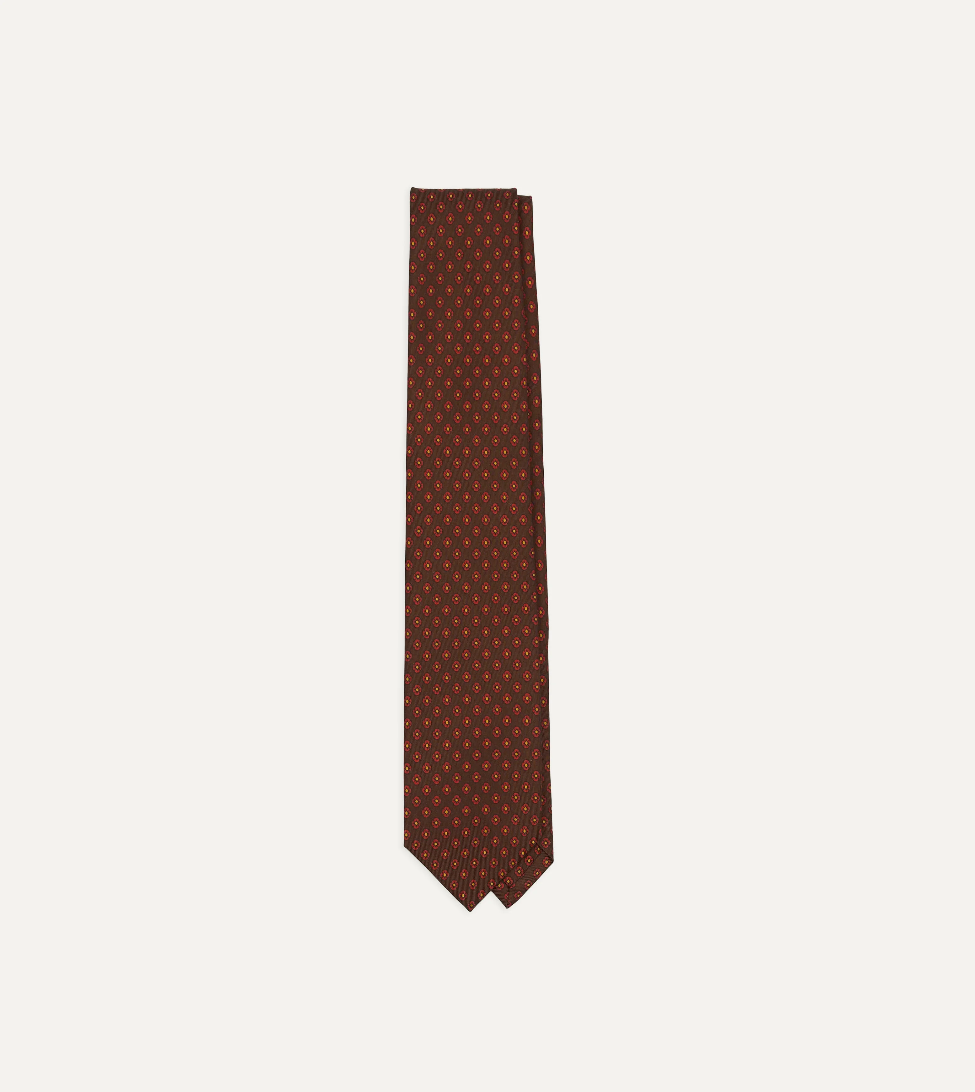 Brown Square Flower Print Silk Self-Tipped Tie - 1