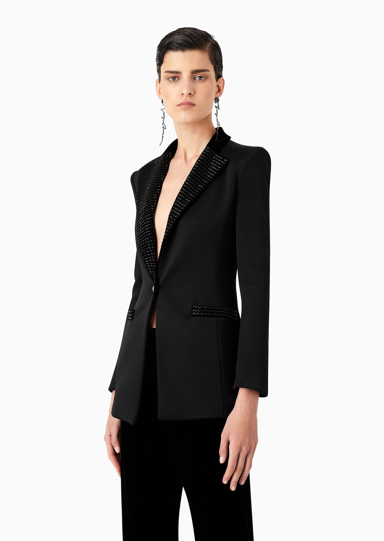 Single-breasted jacket in double jersey and velvet with embroidery - 2