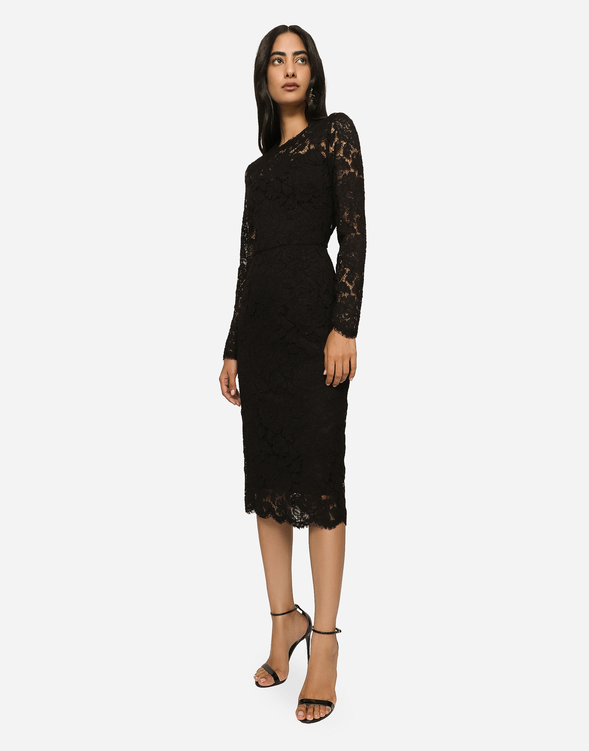 Long-sleeved calf-length dress in branded stretch lace - 5