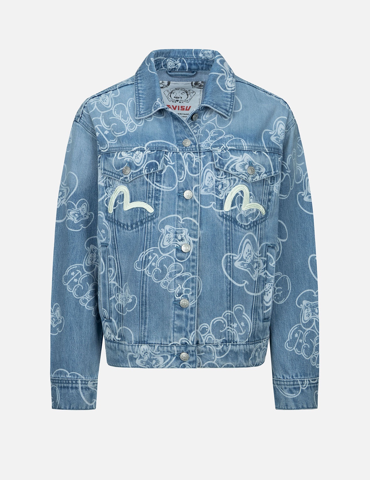 GRAFFITI DARUMA AND LOGO ALLOVER DISCHARGED PRINT DENIM JACKET - 1