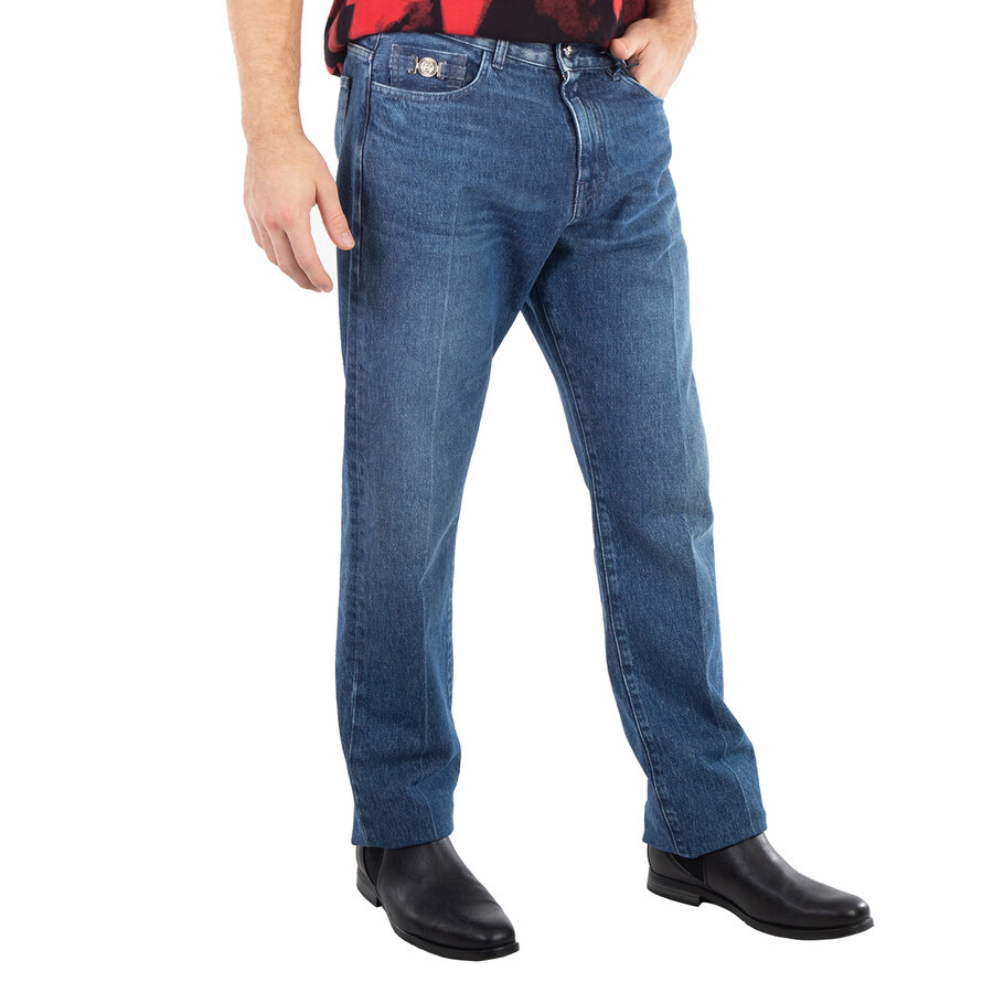 Versace Men's Washed Medium Blue Straight-Leg Mid-Rise Jeans - 4