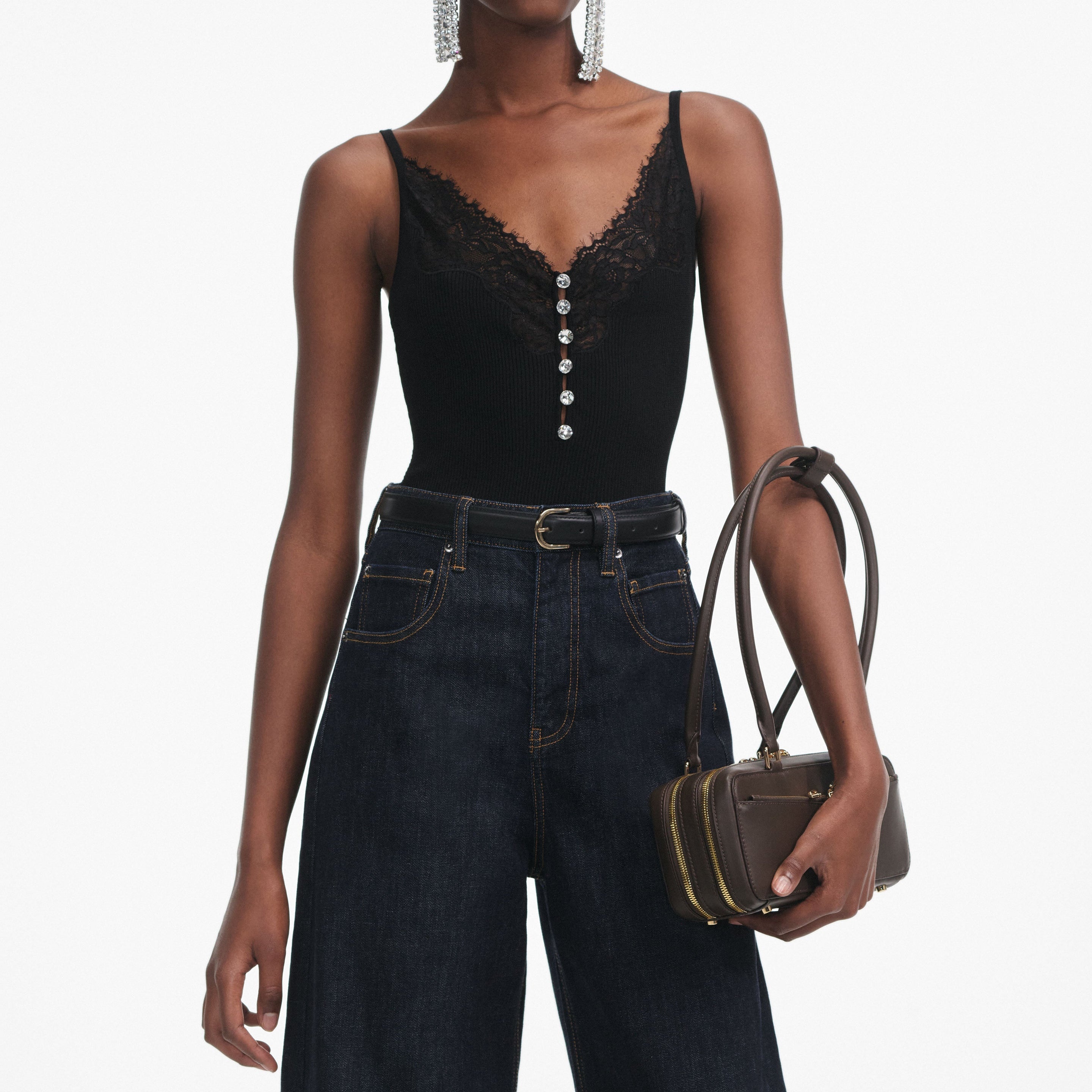 Black Lace Trim Rib Knit Top - 4