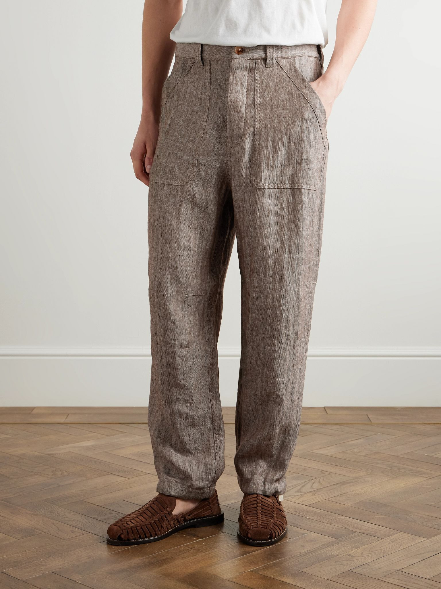 Straight-Leg Herringbone Linen Trousers Gray - 3