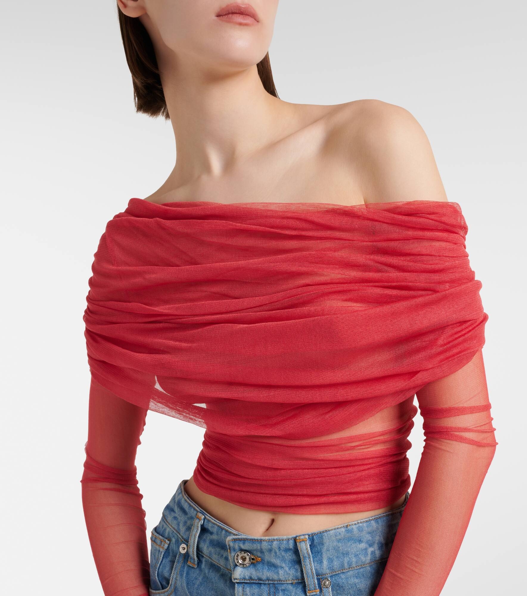 Veiled off-shoulder silk tulle top - 4
