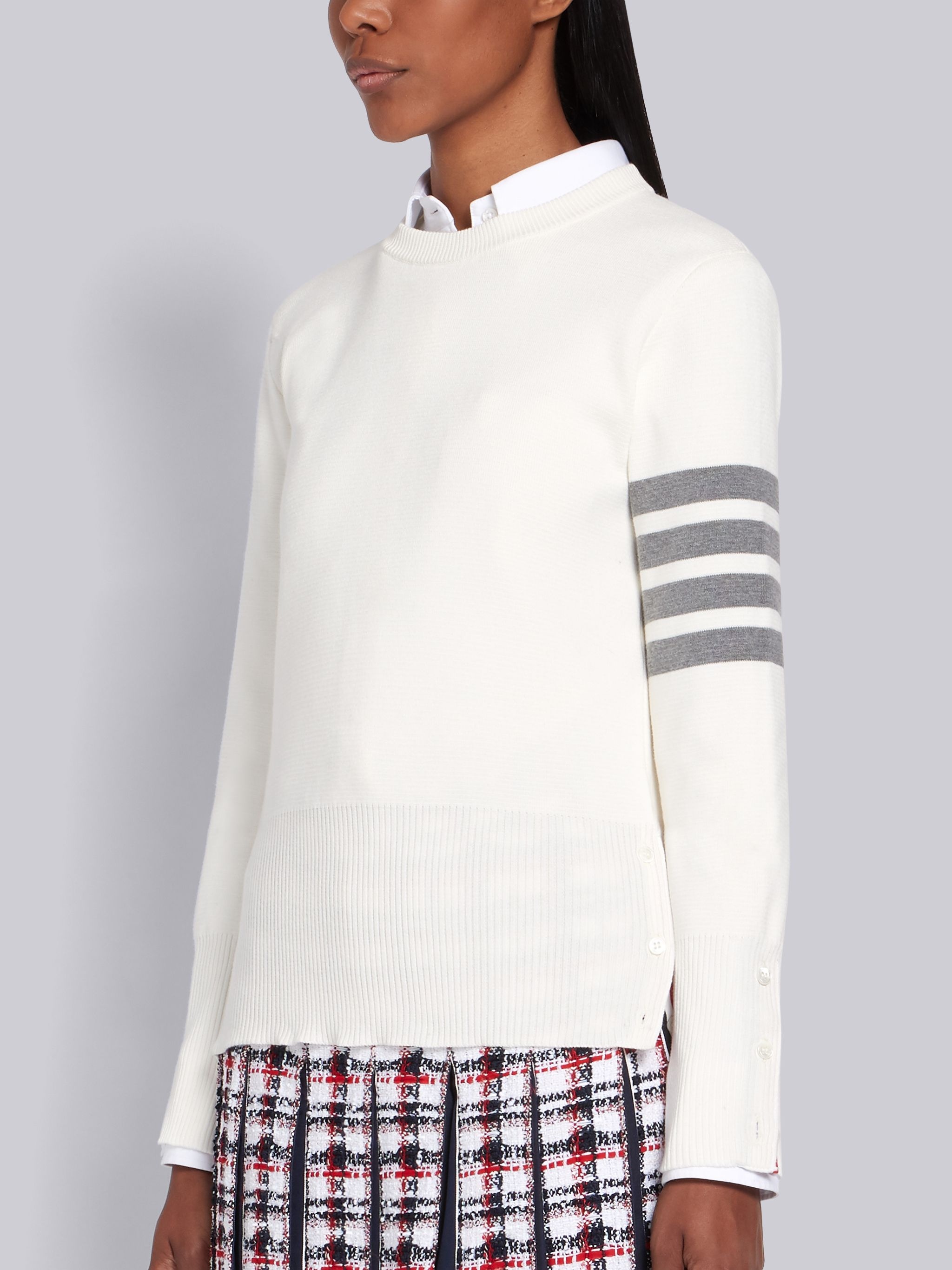 White Cotton Crepe Milano Stitch Crewneck 4-Bar Pullover - 2