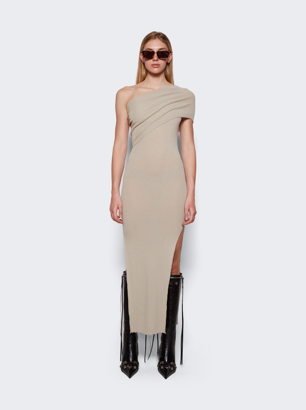 Ribbed One Shoulder Dress Pearl - 3